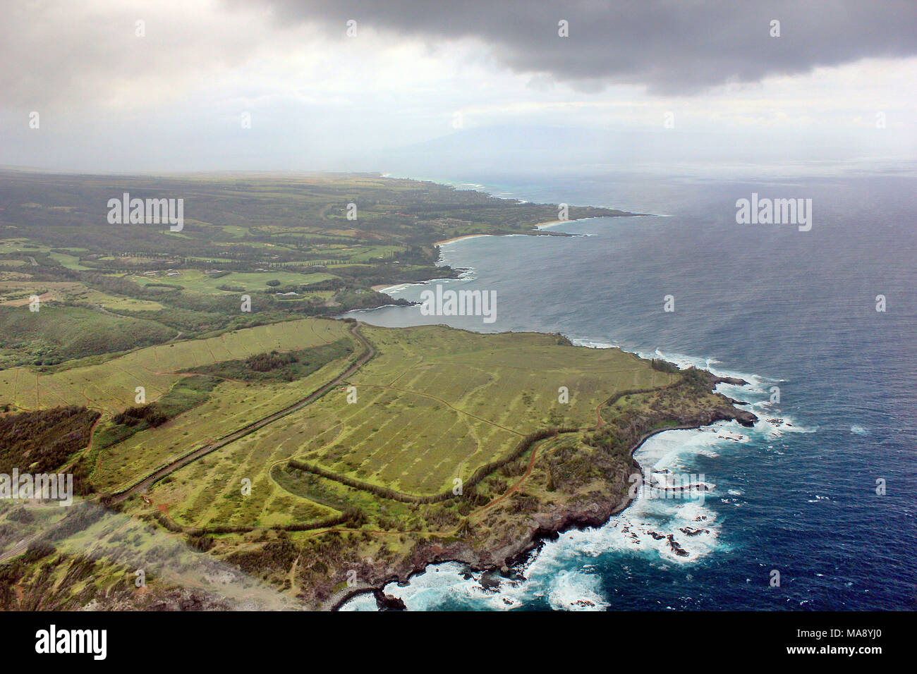 East Molokai coastine in the Hawaiian Islands taken from a helicopter flight from Maui. Stock Photo
