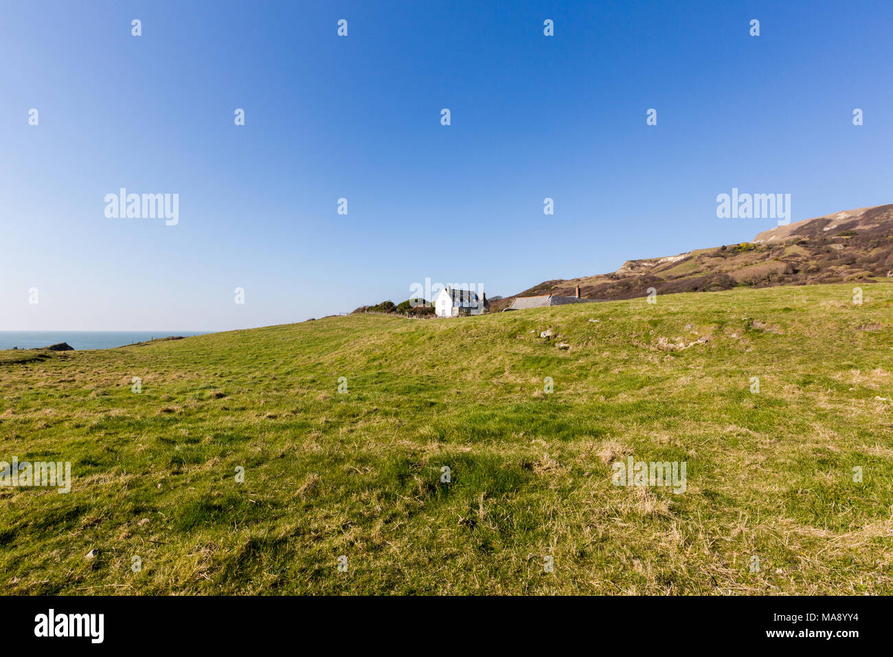 Isle of Wight, England, green land at Watershoot Bay. Landscape with bright green grass and blue sky, English Channel in bacground and small old house Stock Photo