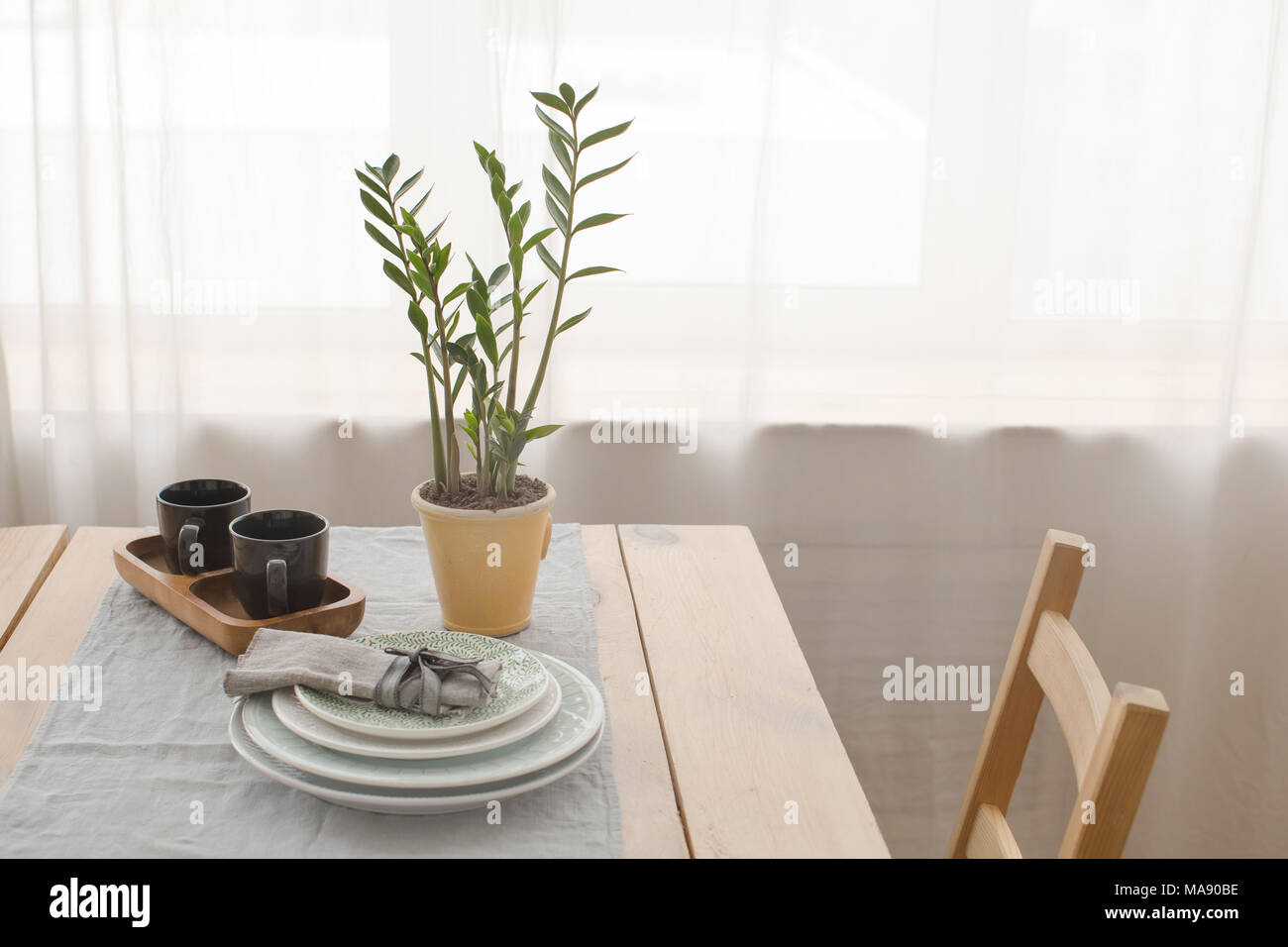 Table served with plates and potted plant in the apartment Stock Photo
