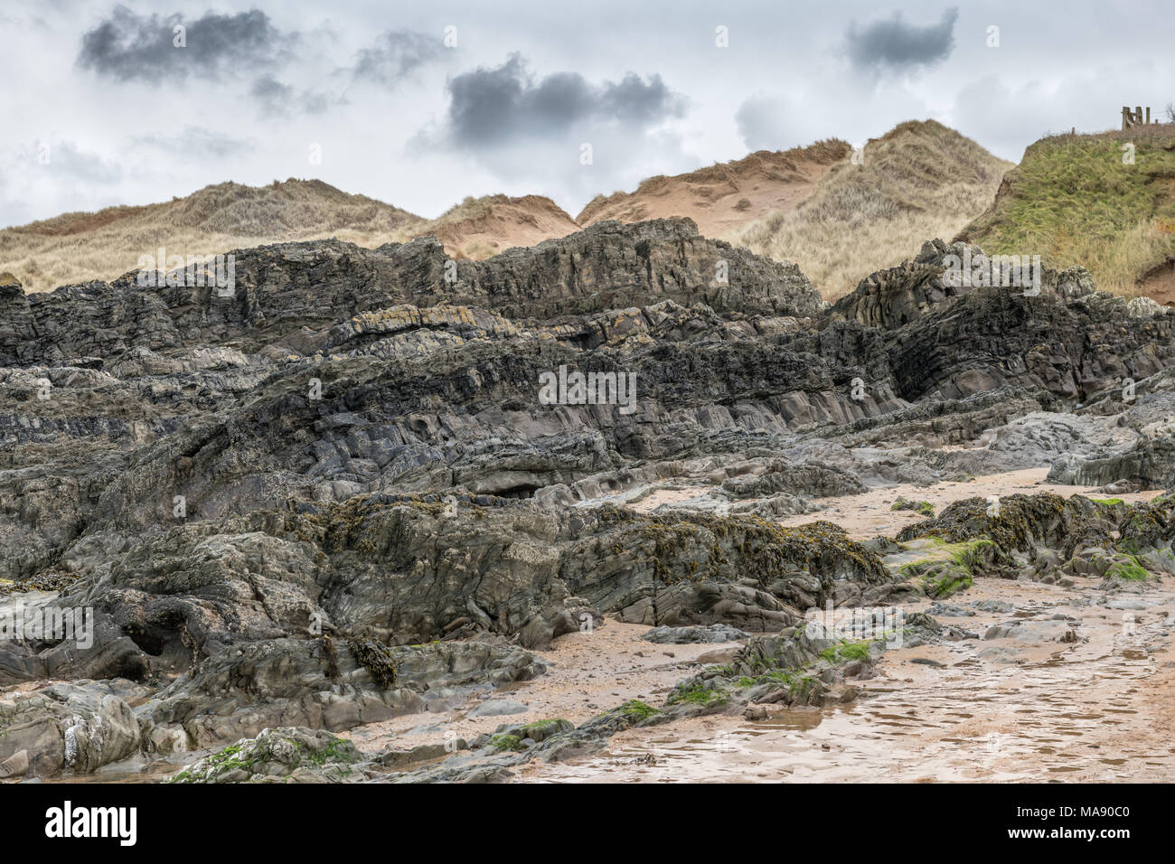 Pilton Beds slates and sandstone make up the rocky reefs at one end of Croyde Beach in North Devon. Stock Photo