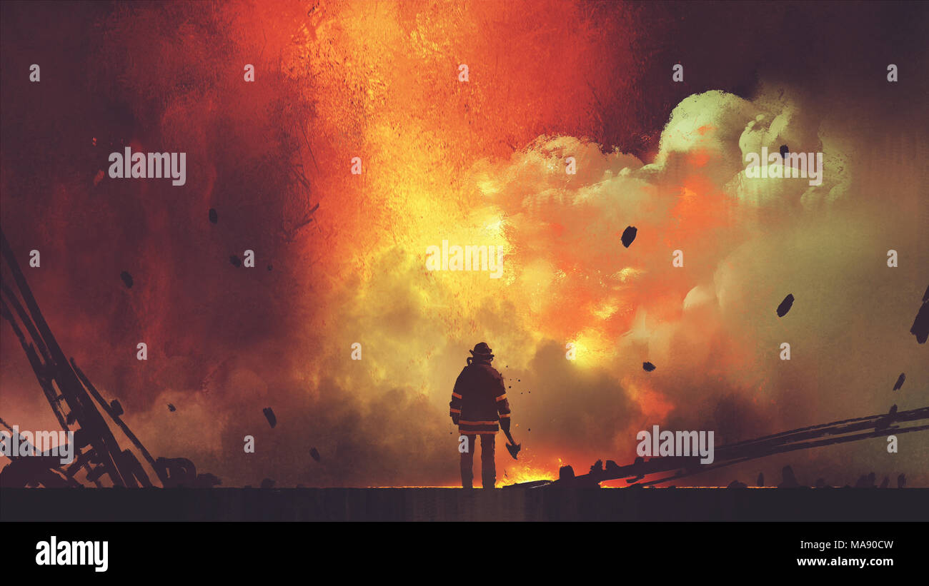 brave firefighter with axe standing in front of frightening explosion, digital art style, illustration painting Stock Photo