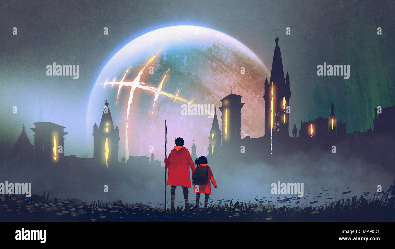 night scenery of man and his daughter looking at mysterious castles against glowing planet, digital art style, illustration painting Stock Photo