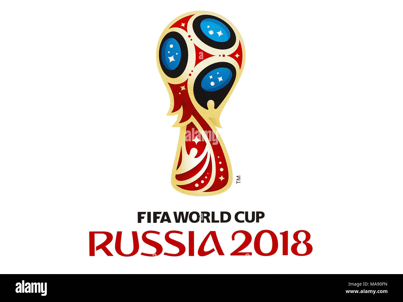 GDANSK, POLAND - MARCH 20, 2018. Football world championship in Russia, logo printed in World Cup 2018 sticker album. Editorial use only! Stock Photo