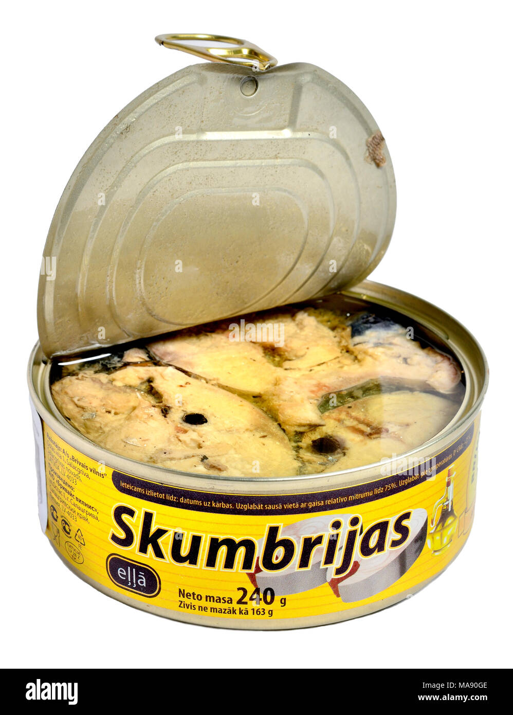 Tinned mackerel from Latvia (Latvian - Skumbrijas) Stock Photo
