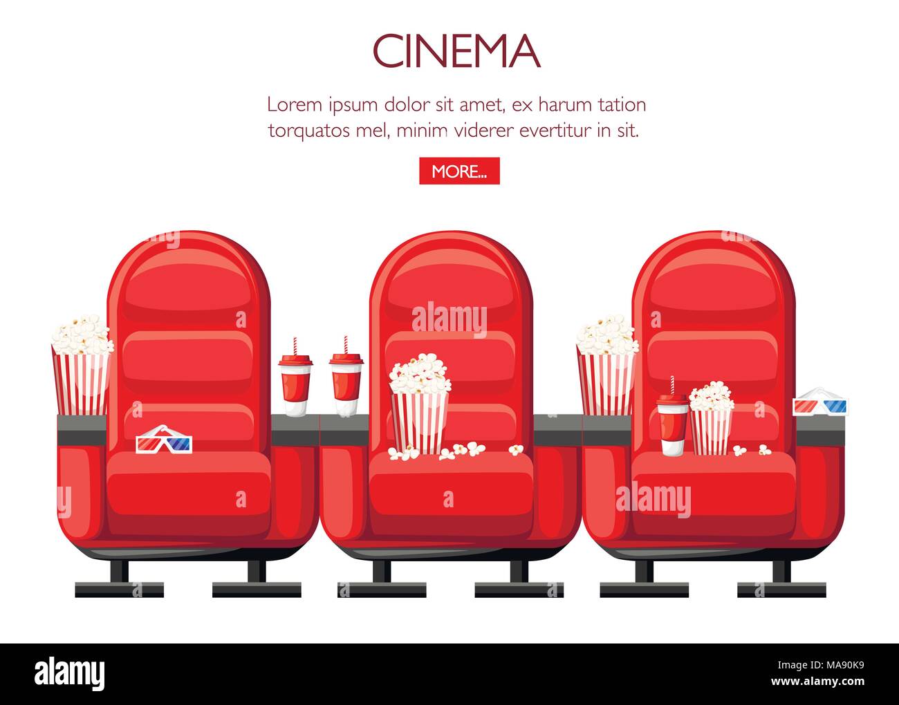 Cinema Concept Auditorium And Three Red Comfortable Armchairs In The Cinema Drinks And Popcorn Glasses For Movie Cartoon Cinema Seats Illustration Stock Vector Image Art Alamy