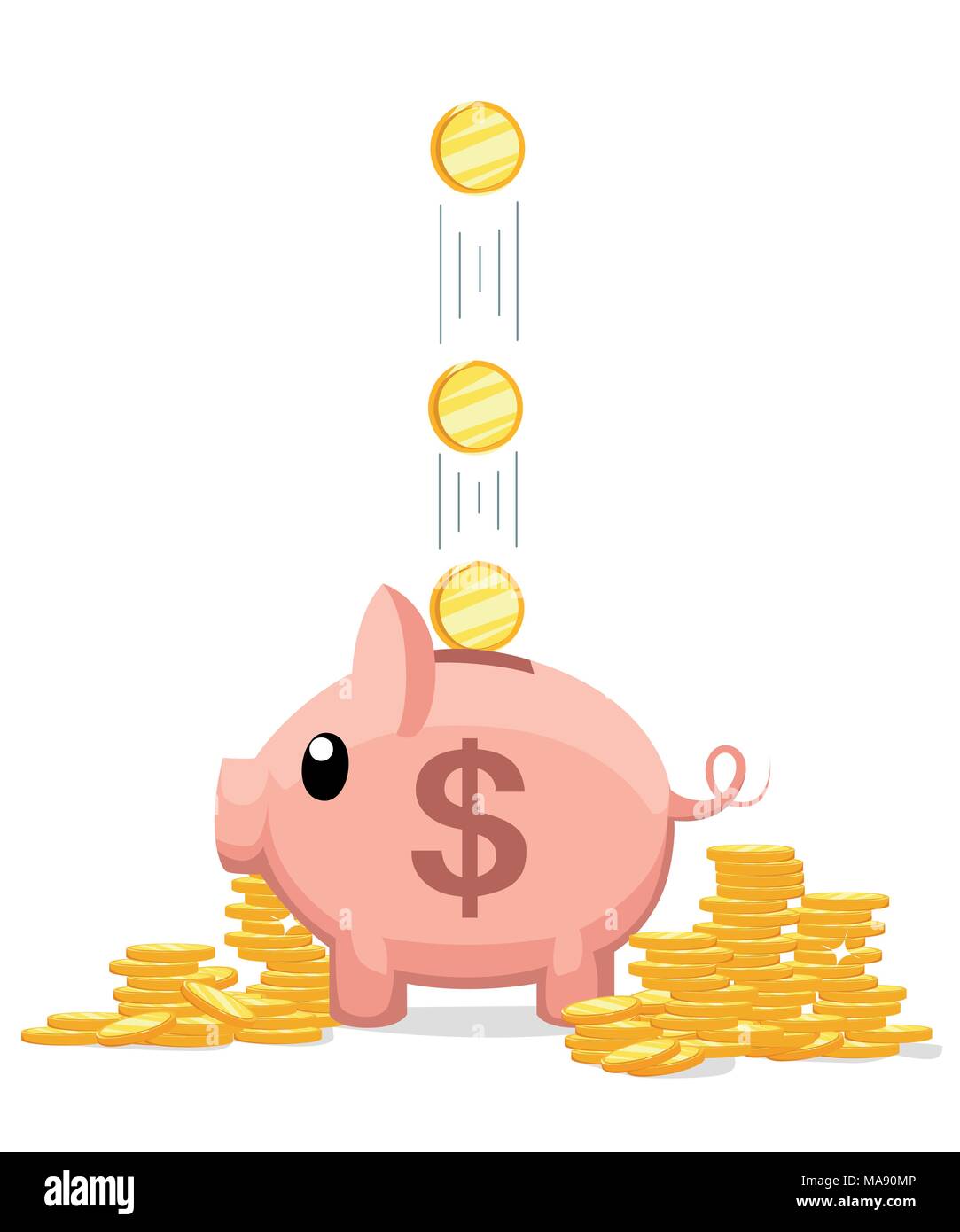 Pink coin box. Piggy bank with falling gold coins. The concept of ...