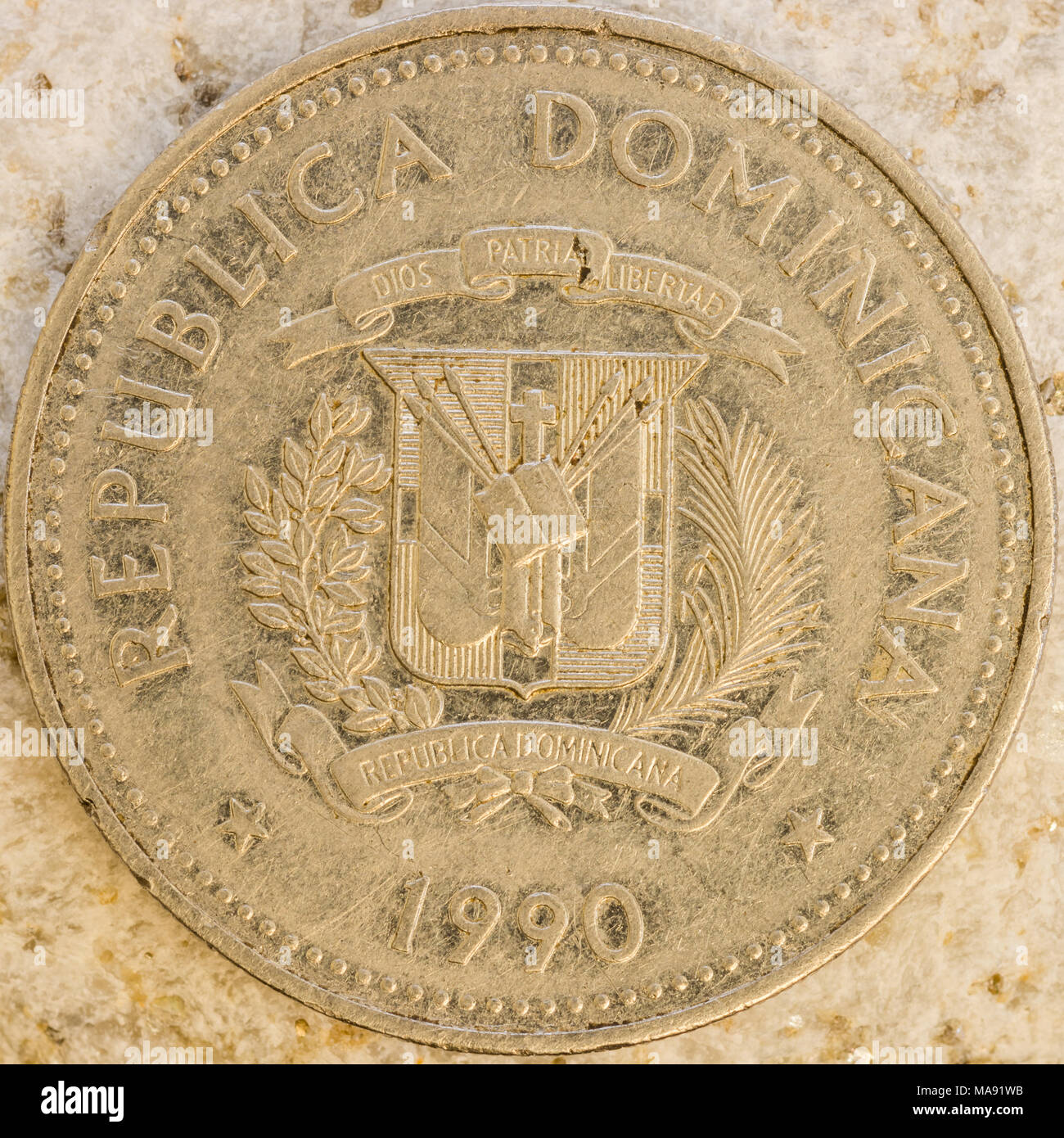 Close up view of aged vintage coin showing fine detail on coin engravings Stock Photo