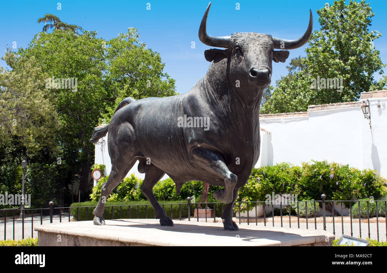 Bull Statue outside Rhonda Bullfighting arena. Black Bull Statue Stock