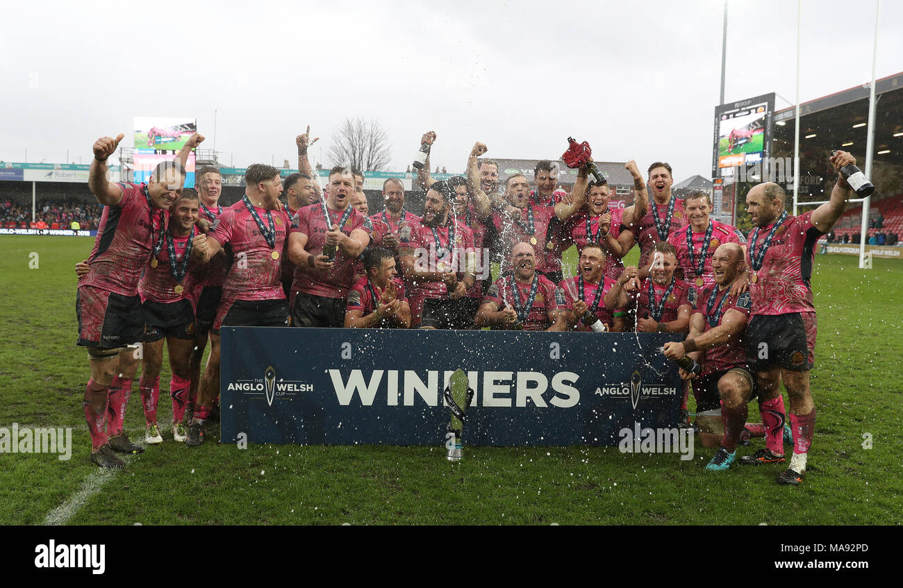 Exeter celebrate their victory over Bath in the Anglo-Welsh Cup Final at Kingsholm, Gloucester. Stock Photo