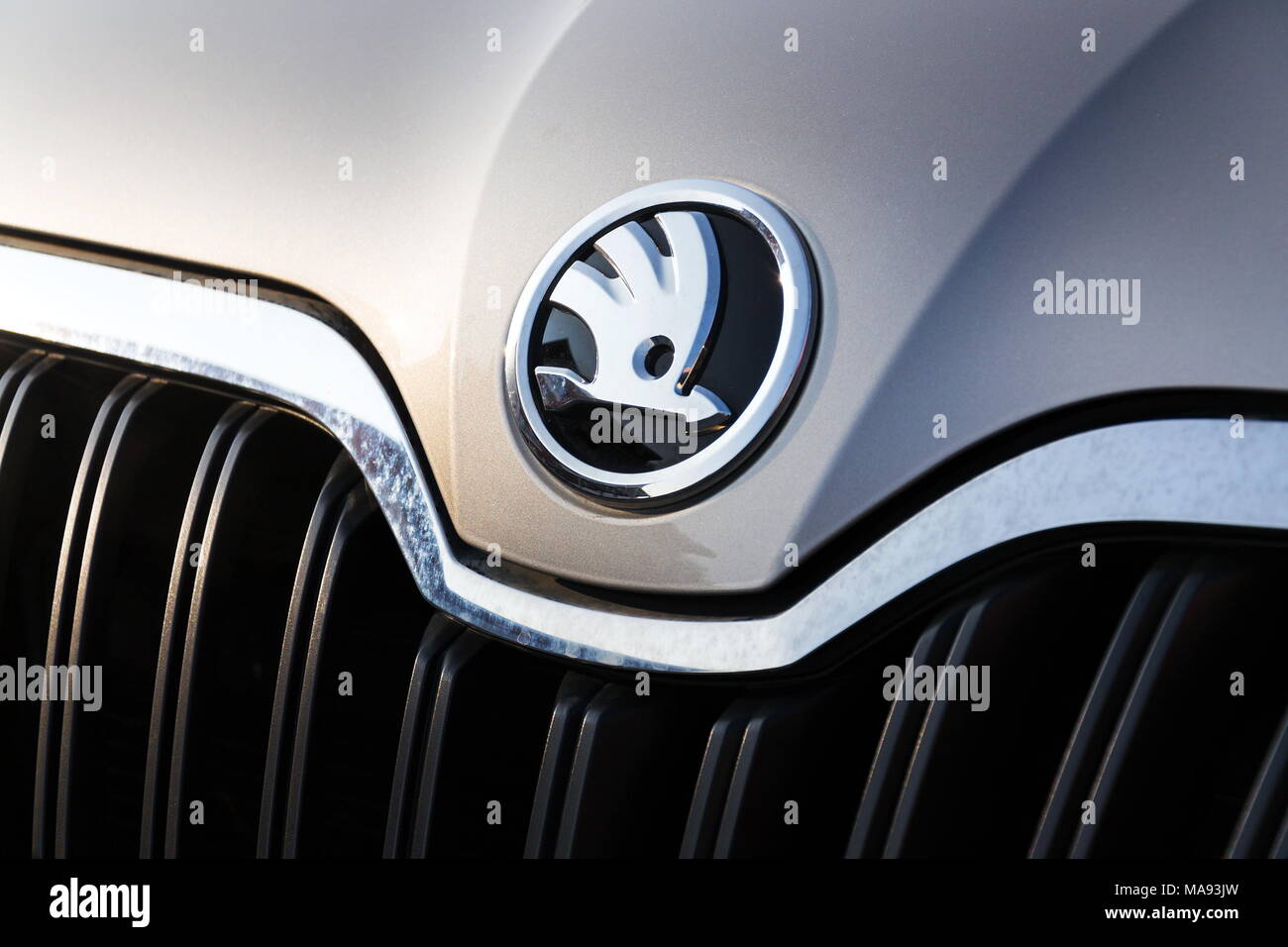 PRAGUE, CZECH REPUBLIC - MARCH 25 2018: Skoda Auto automobile manufacturer from Volkswagen Group company logo on new silver car on March 25, 2018 in P Stock Photo