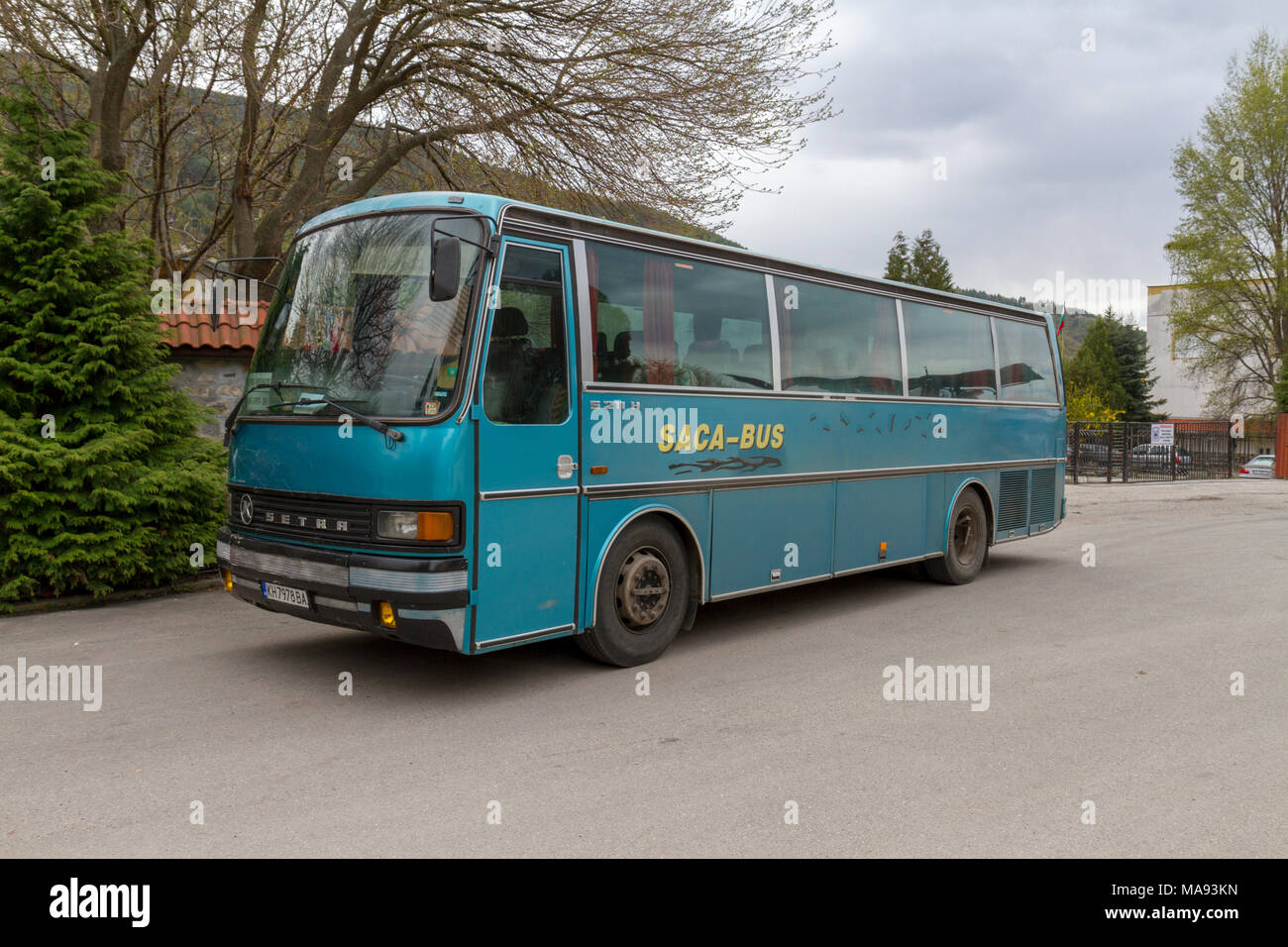 A typical local bus in Rila Village, southwestern Bulgaria. Stock Photo