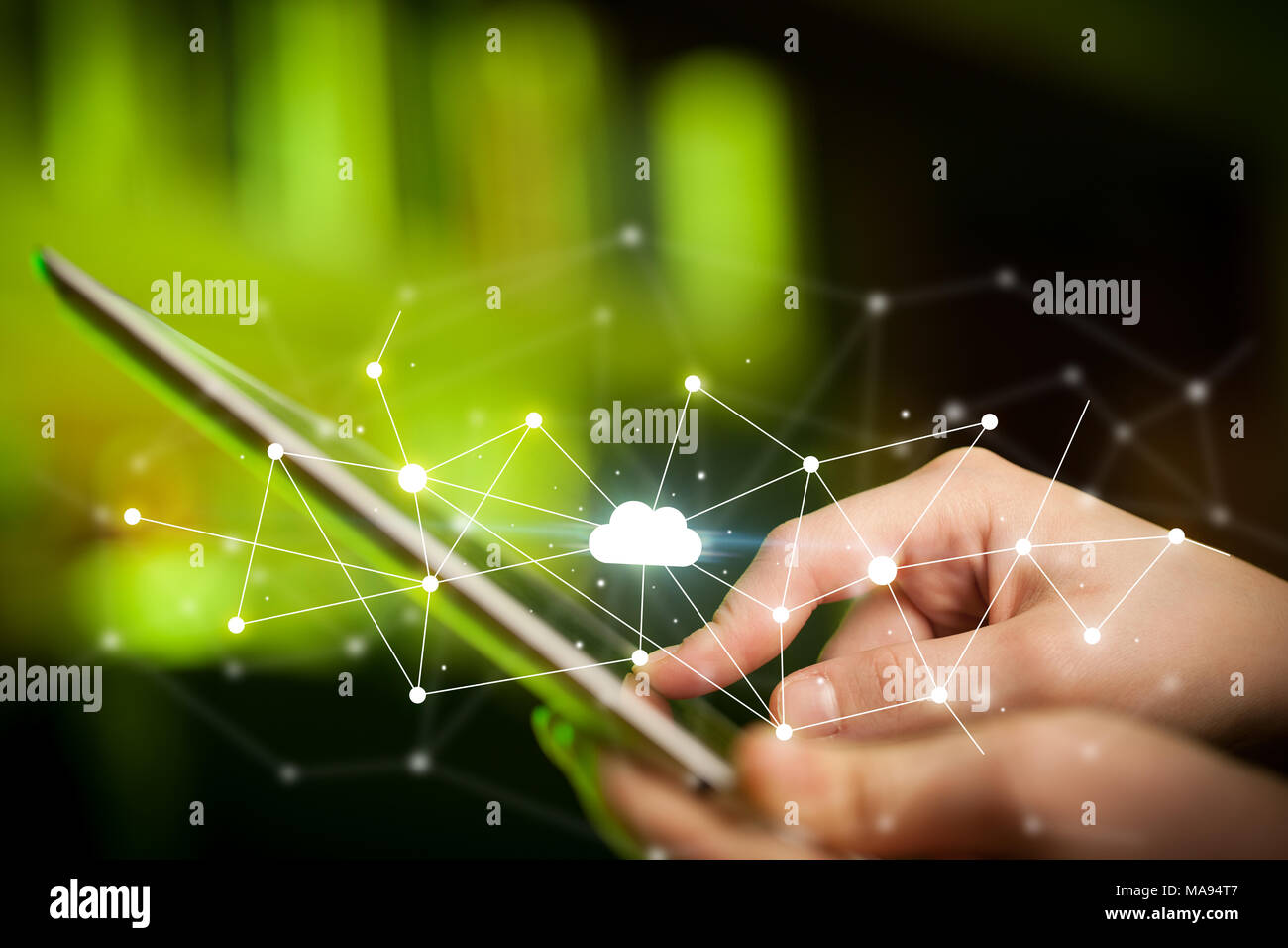 Female hands touching tablet with white cloud concept Stock Photo