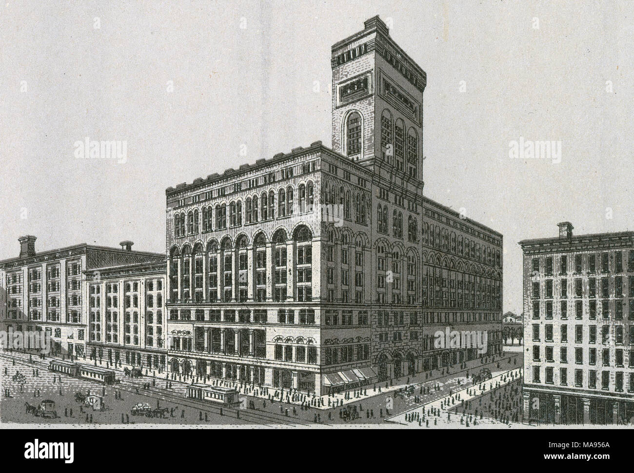 Antique c1890 monochromatic print from a souvenir album, showing Auditorium Building in Chicago, Illinois. The Auditorium Building in Chicago is one of the best-known designs of Louis Sullivan and Dankmar Adler. Completed in 1889, the building is located at the northwest corner of South Michigan Avenue and Congress Street (now Congress Parkway). Printed with the Glaser/Frey lithographic process, a multi-stone lithographic process developed in Germany. Stock Photo