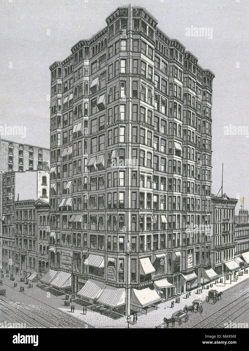 Antique c1890 monochromatic print from a souvenir album, showing Tacoma Block in Chicago, Illinois. The Tacoma Building is an early skyscraper in Chicago. Completed in 1889, it was the first major building designed by the architectural firm Holabird & Roche. Printed with the Glaser/Frey lithographic process, a multi-stone lithographic process developed in Germany. Stock Photo