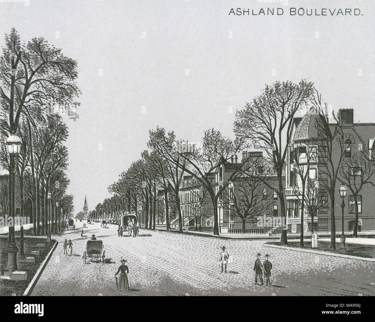 Antique c1885 monochromatic print from a souvenir album, showing Ashland Boulevard in Chicago, Illinois. Printed with the Glaser/Frey lithographic process, a multi-stone lithographic process developed in Germany. Stock Photo