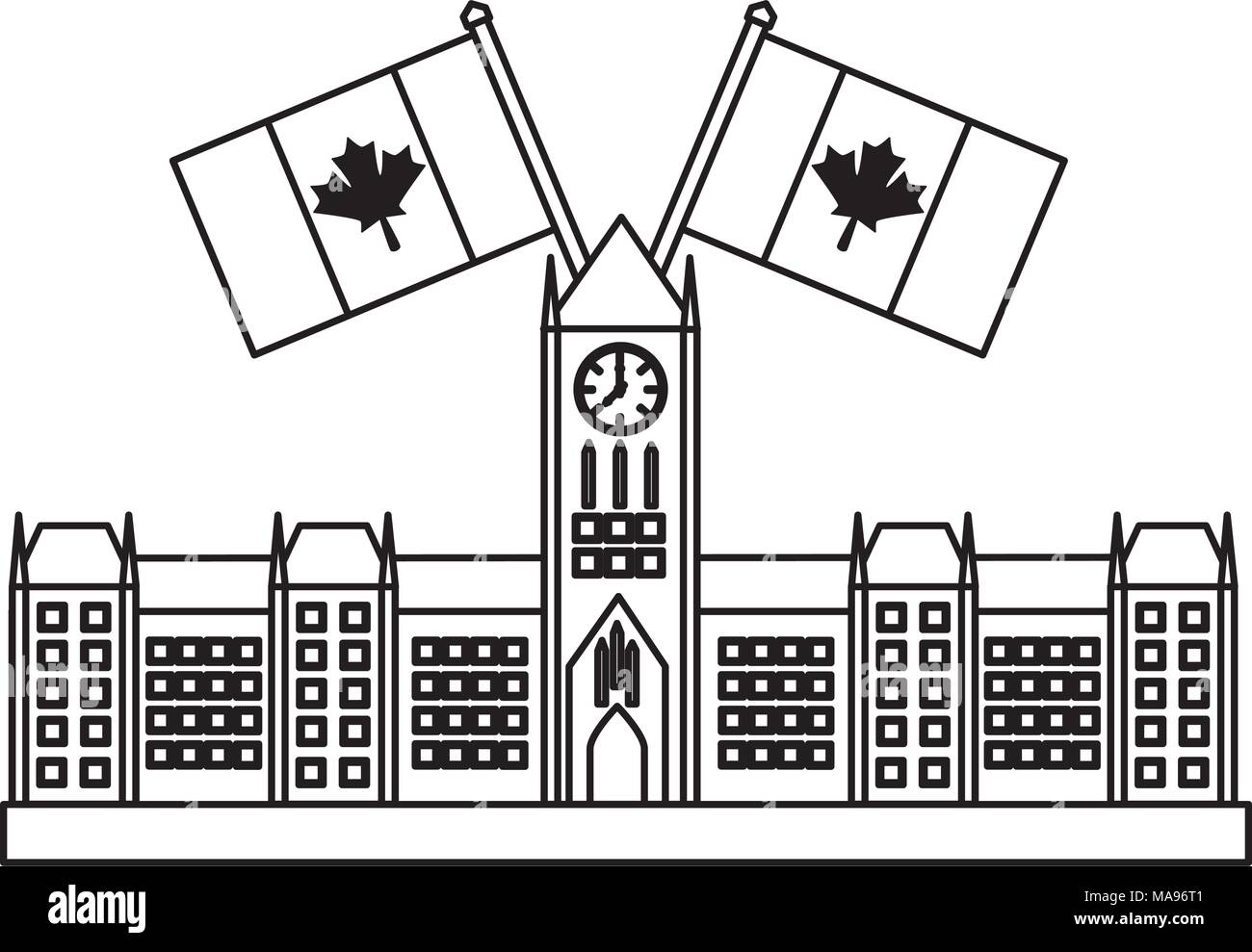 ottawa parliament monument canada with flags Stock Vector