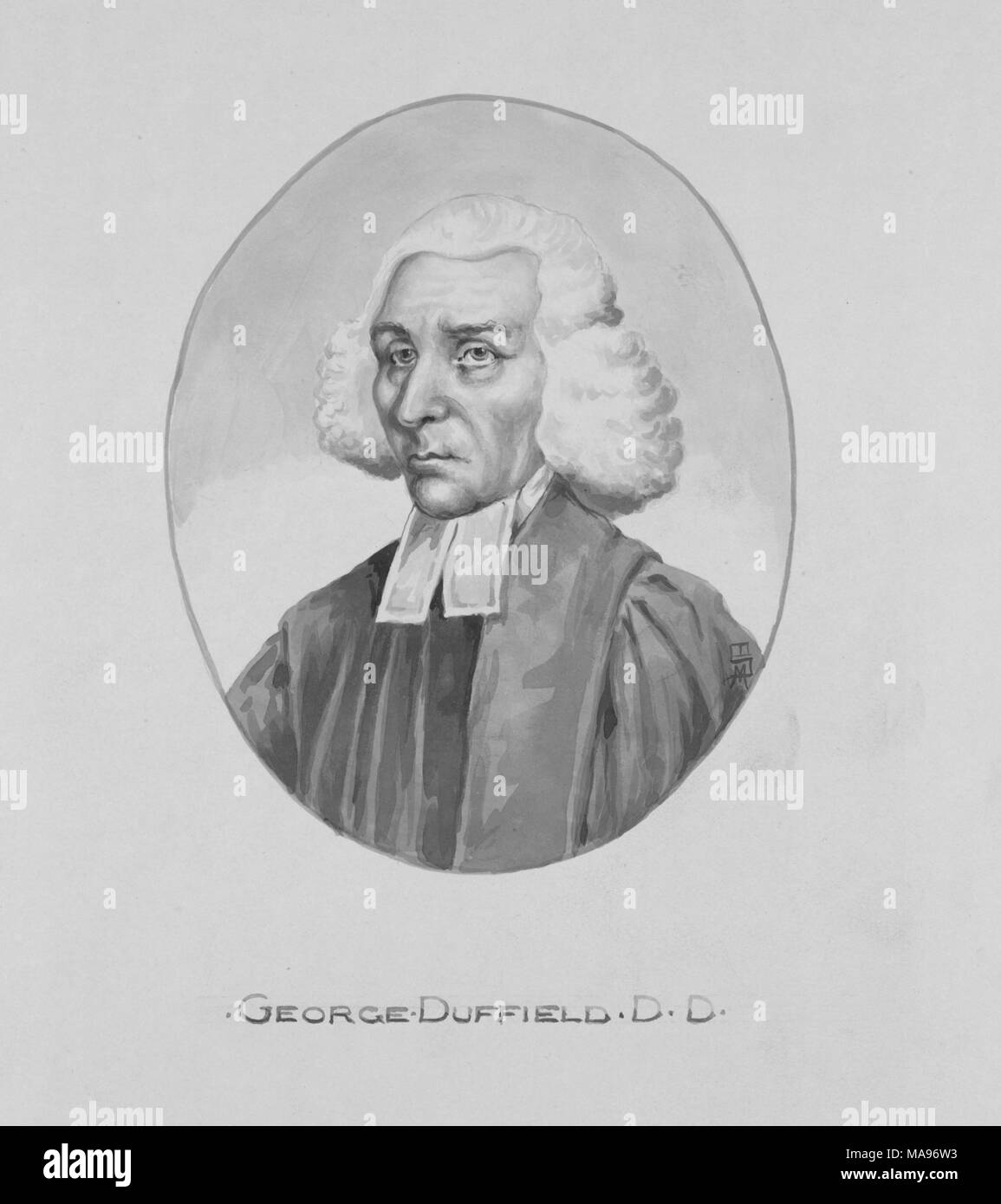 Engraved portrait of George Duffield (b, 1857. 1732, d. 1790), Presbyterian minister and chaplain of the Constitutional Congress during the Revolutionary War. From the New York Public Library. () Stock Photo