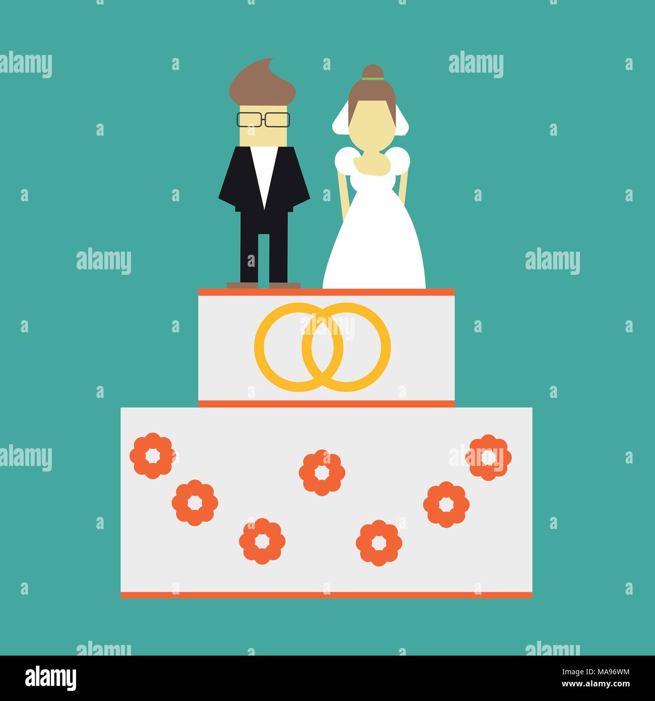 Wedding Cake With Rings And Toppers Bride And Groom Vector Greeting
