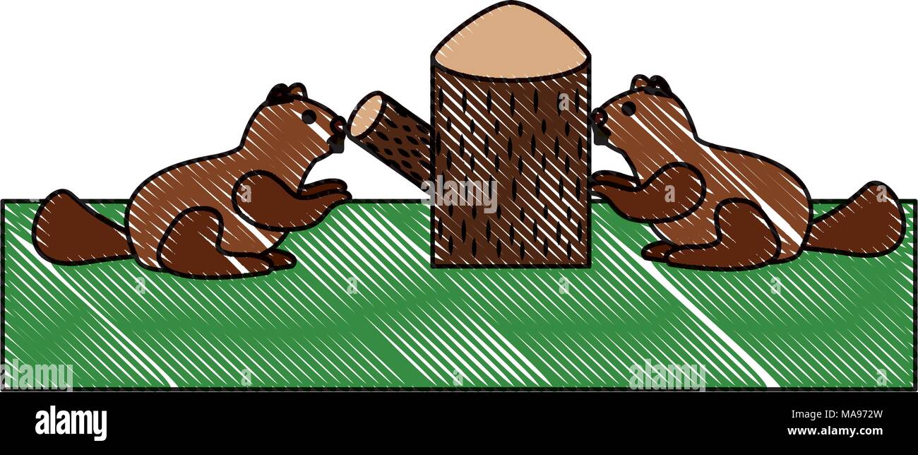 pair beavers cutting wood forest wild Stock Vector