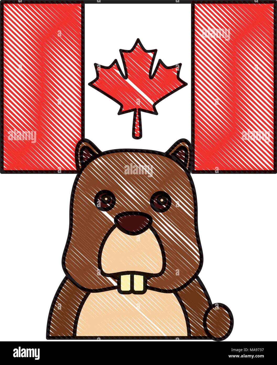 beaver head rodent with canadian flag Stock Vector