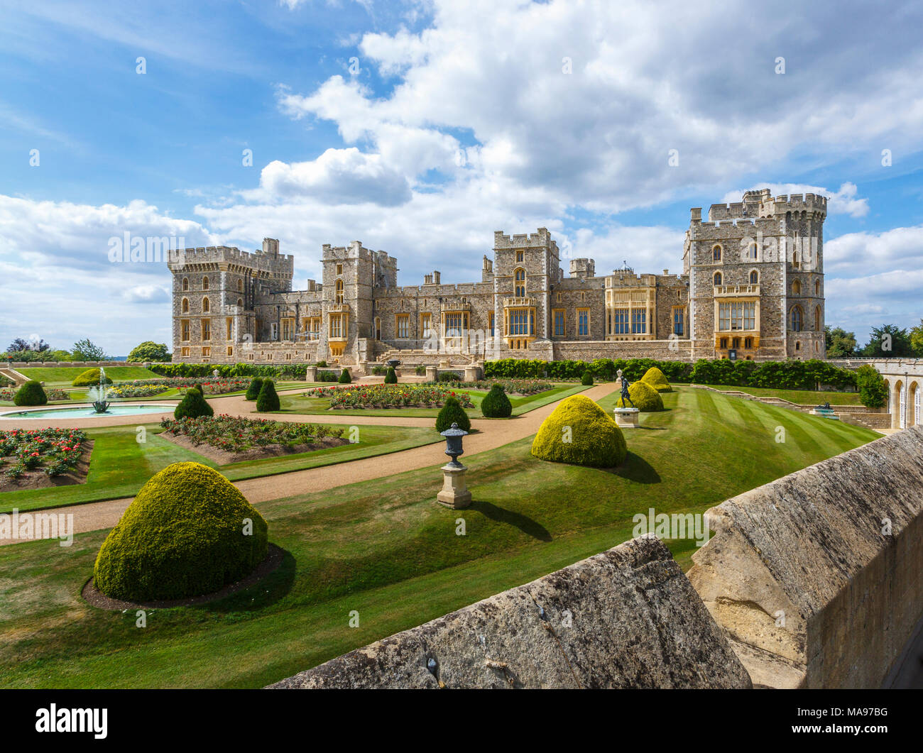 Windsor Castle Upper Ward and East Front, England, including gardens, Prince of Wales's Tower and Brunswick Tower Stock Photo
