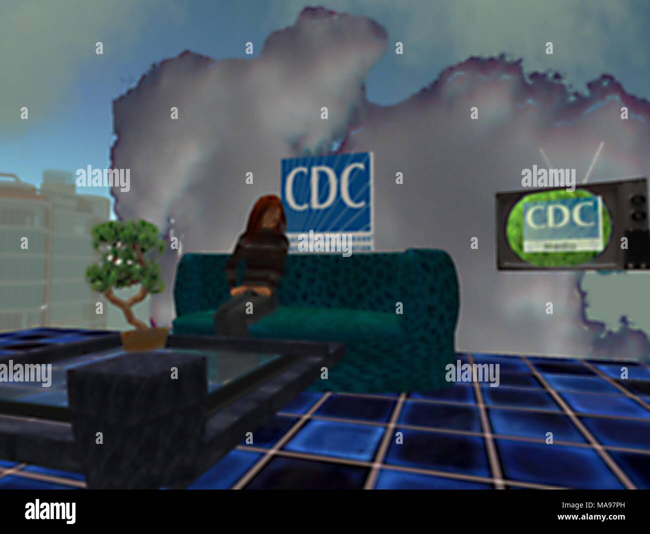 Image of a room in the CDC facility in the online 3d virtual world Second Life, with the assisting avatar Hygeia Philo sitting on a sofa, next to an informative screen, August, 2006. Image courtesy CDC/John P. Anderton. () Stock Photo