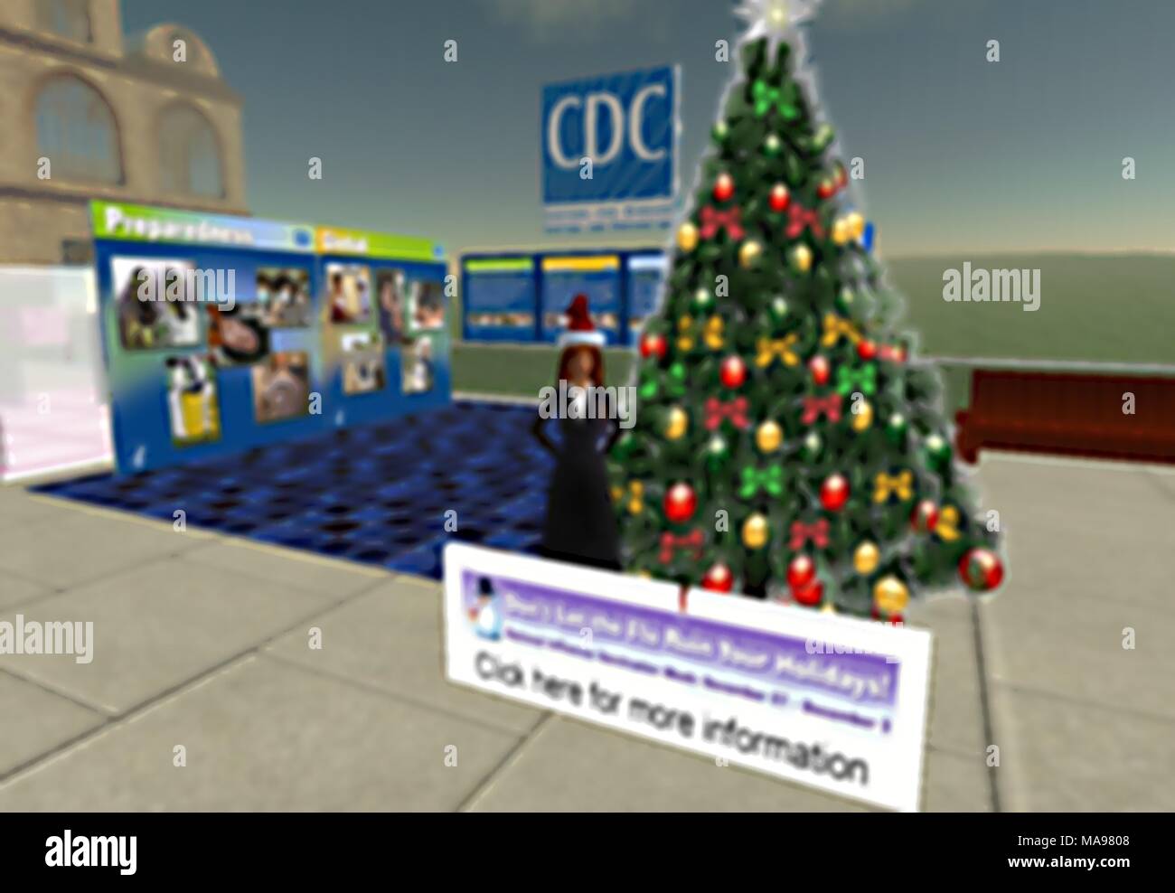 Image of the CDC's avatar Hygeia Philo standing next to a Christmas Tree among informative interactive billboards, at the CDC facility in the 3d virtual world Second Life, August, 2006. Image courtesy CDC/John P. Anderton. () Stock Photo