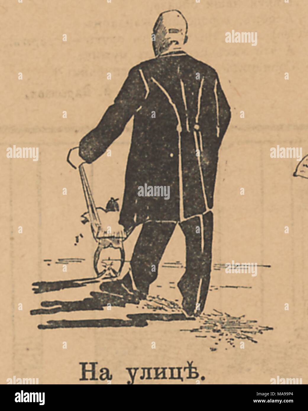 Cartoon from the Russian satirical journal Signal (Signal) depicting a man walking a creature, with text reading 'on the street', 1905. () Stock Photo