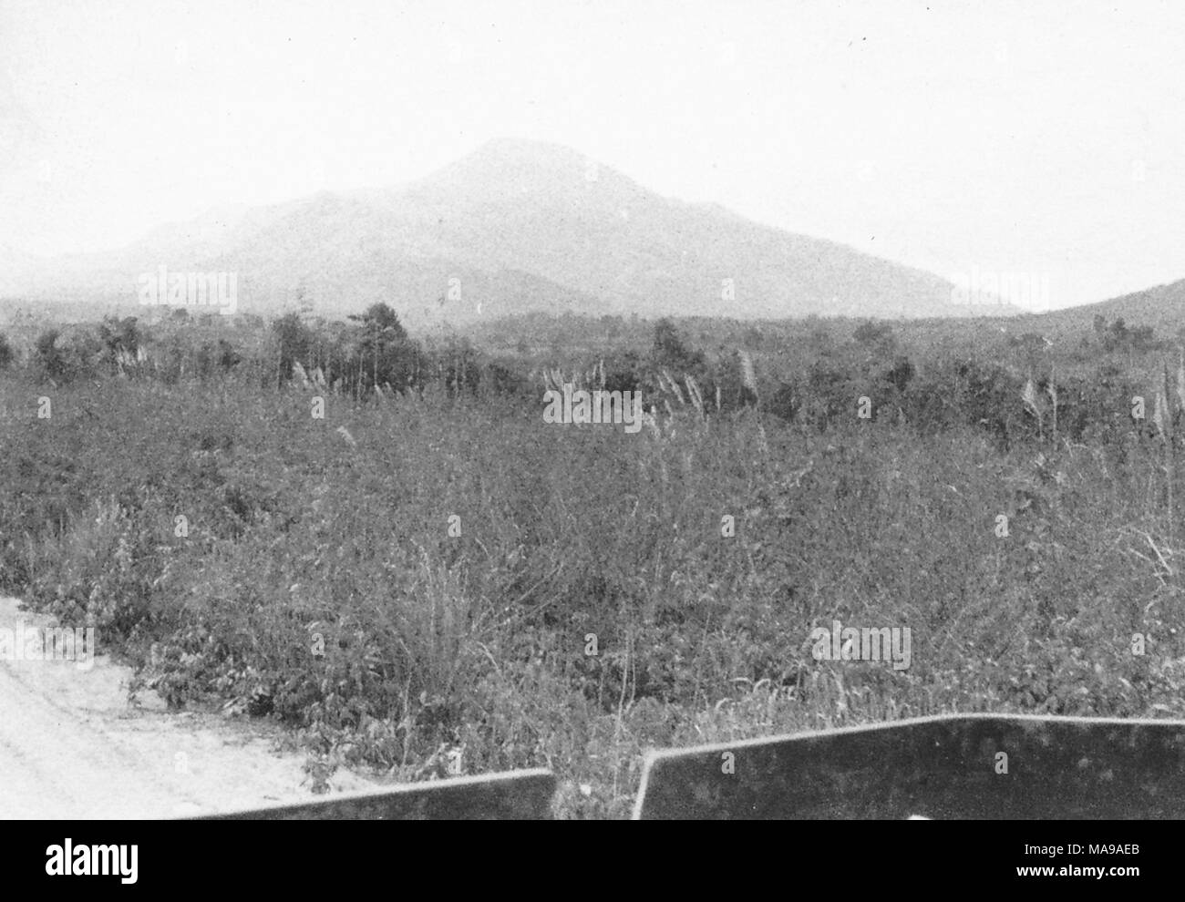Black and white photograph, shot from the back of a vehicle, showing ...