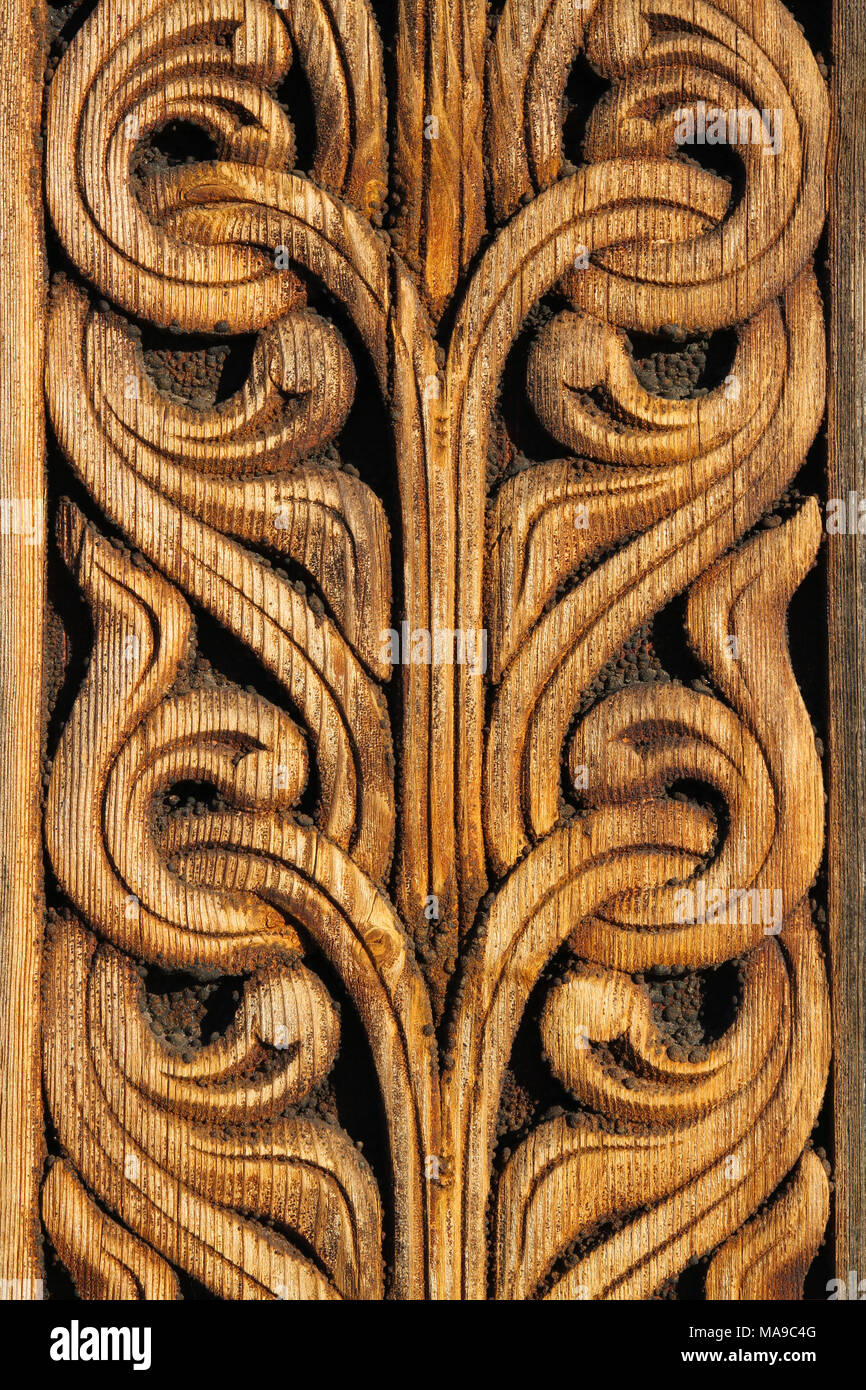 Norwegian Viking wooden knot work on the side of a building in Norway, Scandinavia Stock Photo