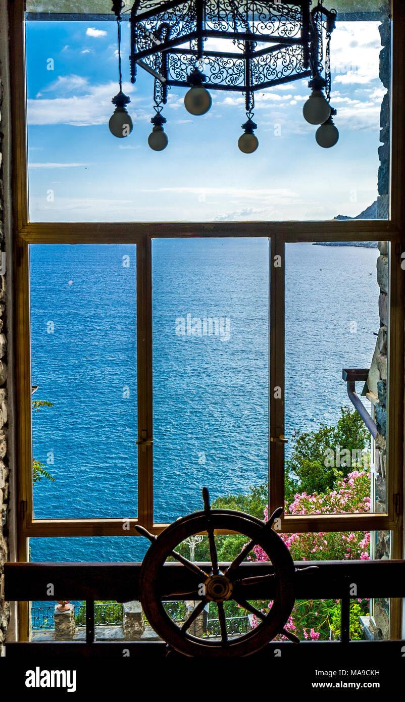 A view from inside Hotel Porto Roca at Monterosso al Mare, Cinque Terre Stock Photo