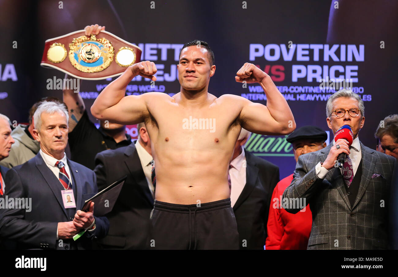 Cardiff, UK. 30th March, 2018. 03-30-2018, Motorpoint arena Cardiff, Cardiff.    Anthony Joshua V Joseph Parker, Unified World Title fight Parker weigh in Anthony Joshua V Joseph Parker Credit: Huw Fairclough/Alamy Live News Stock Photo