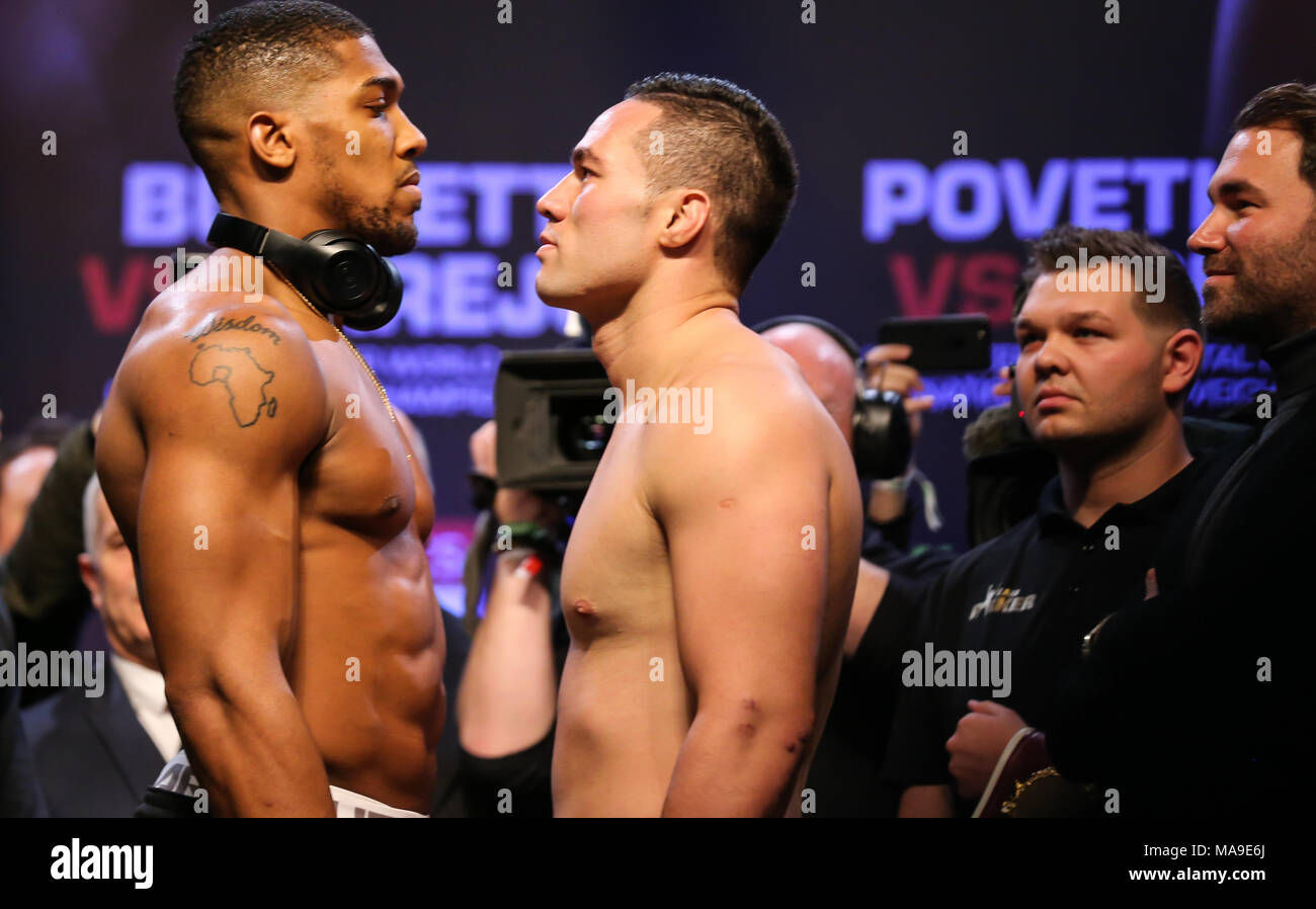 Cardiff, UK. 30th March, 2018. 03-30-2018, Motorpoint arena Cardiff, Cardiff.    Anthony Joshua V Joseph Parker, Unified World Title fight face off Anthony Joshua V Joseph Parker Credit: Huw Fairclough/Alamy Live News Stock Photo