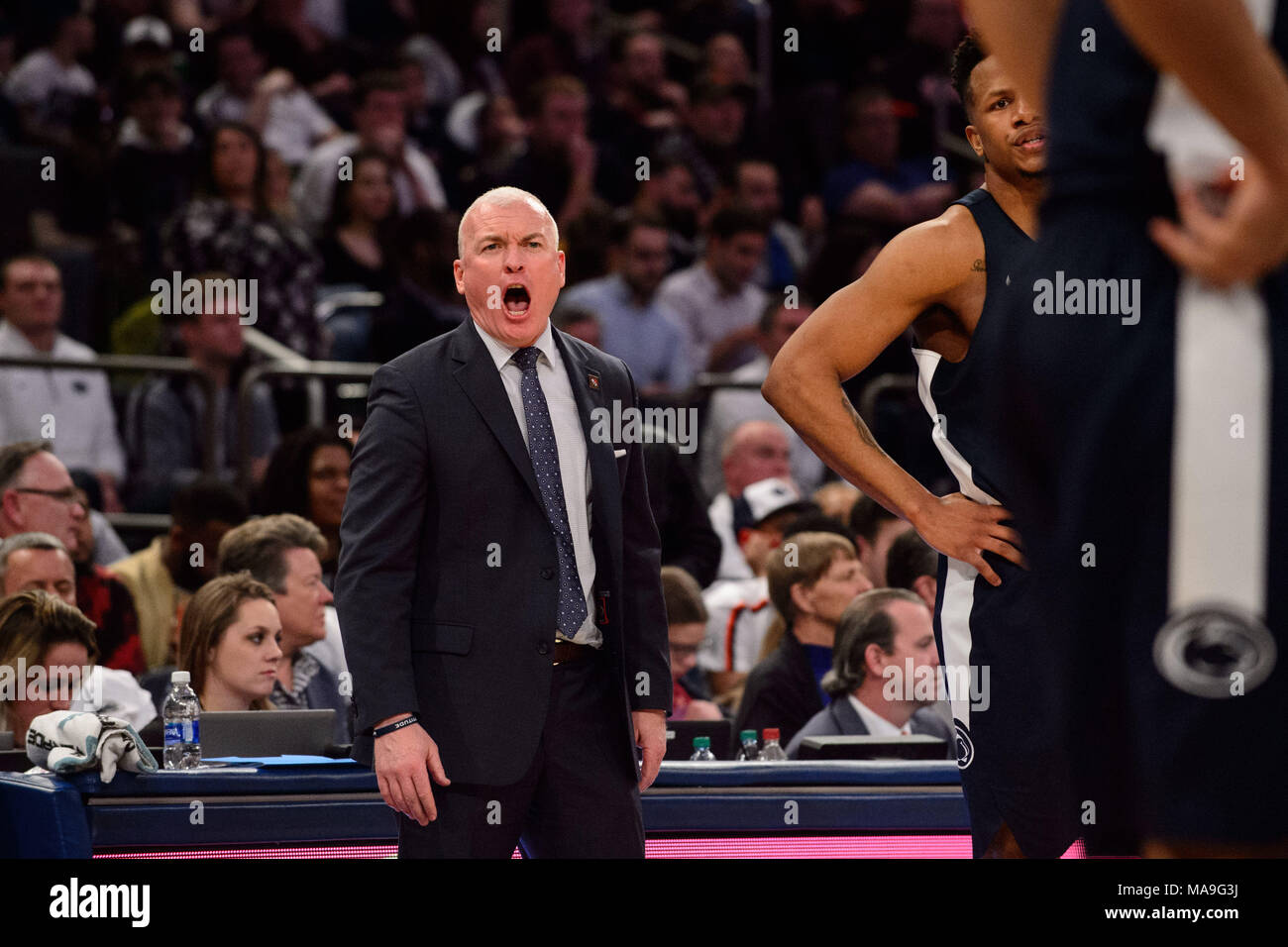 March 29, 2018: Penn State Nittany Lions head coach Pat Chambers reacts at the final of the 81st NIT Championship game between The Penn State Nittany Lions and The Utah Utes at Madison Square Garden, New York, New York. The Penn State Nittany Lions defeat The Utah Utes 82-66 to win The NIT Championship. Mandatory credit: Kostas Lymperopoulos/CSM Stock Photo