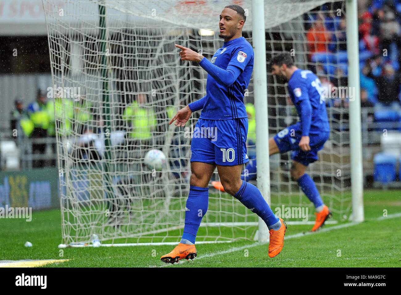 Cardiff, UK. 30th march, 2018. Cardiff's Kenneth Zohore (10) celebrates after scoring the opening goal. EFL Skybet Championship match, Cardiff City v Burton Albion at the Cardiff City Stadium on Friday 30th March 2018.  this image may only be used for Editorial purposes. Editorial use only, license required for commercial use. No use in betting, games or a single club/league/player publications. pic by  Carl Robertson/Andrew Orchard sports photography/Alamy Live news Stock Photo