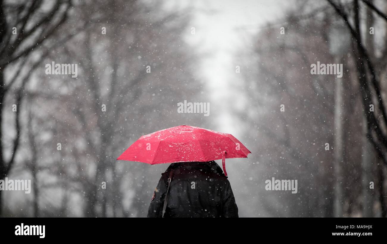 20 March 2018, Germany, Berlin: A passer-by walking through the snow in Friedrichshain. At the start of spring there has been snowfall once again in many parts of Germany. Photo: Kay Nietfeld/dpa Stock Photo