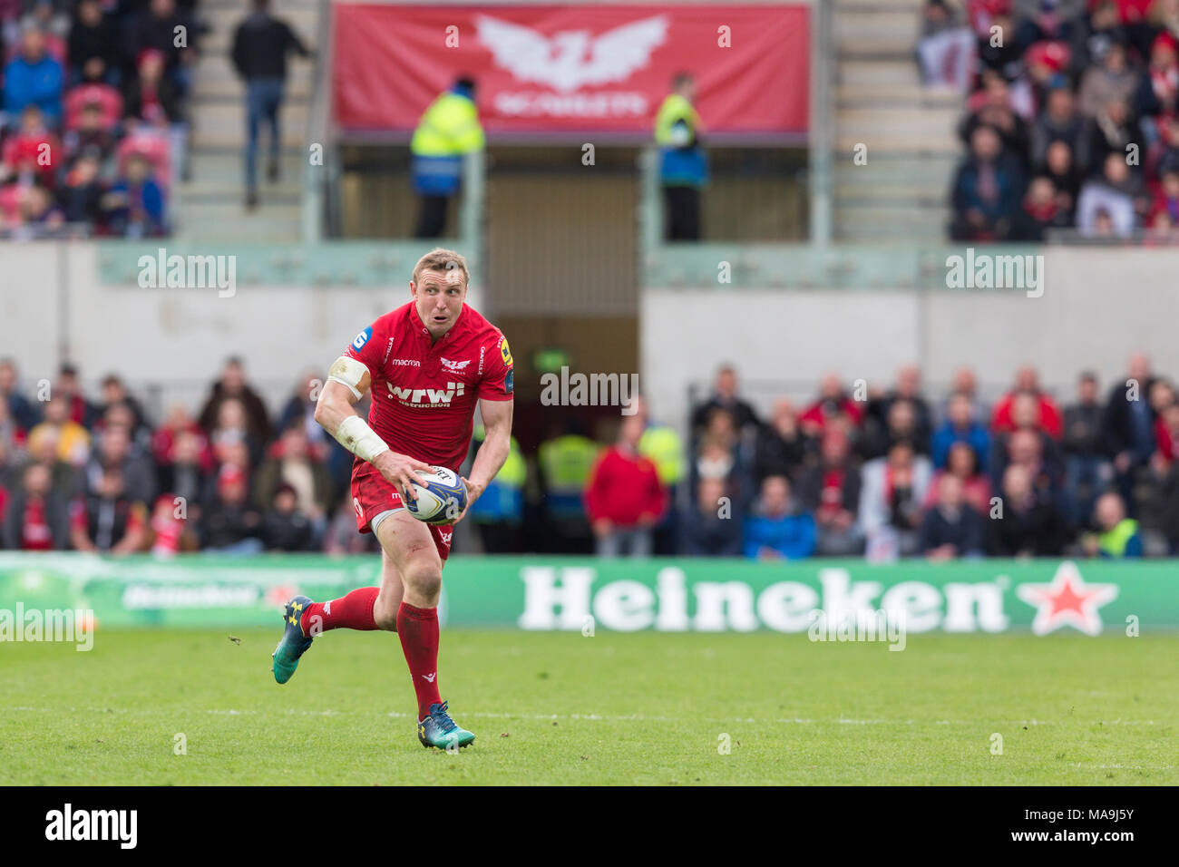 Scarlets centre Hadleigh Parkes on the attack in the European Champions Cup Quarter Final match between Scarlets and Stade Rochelais / La Rochelle. Stock Photo