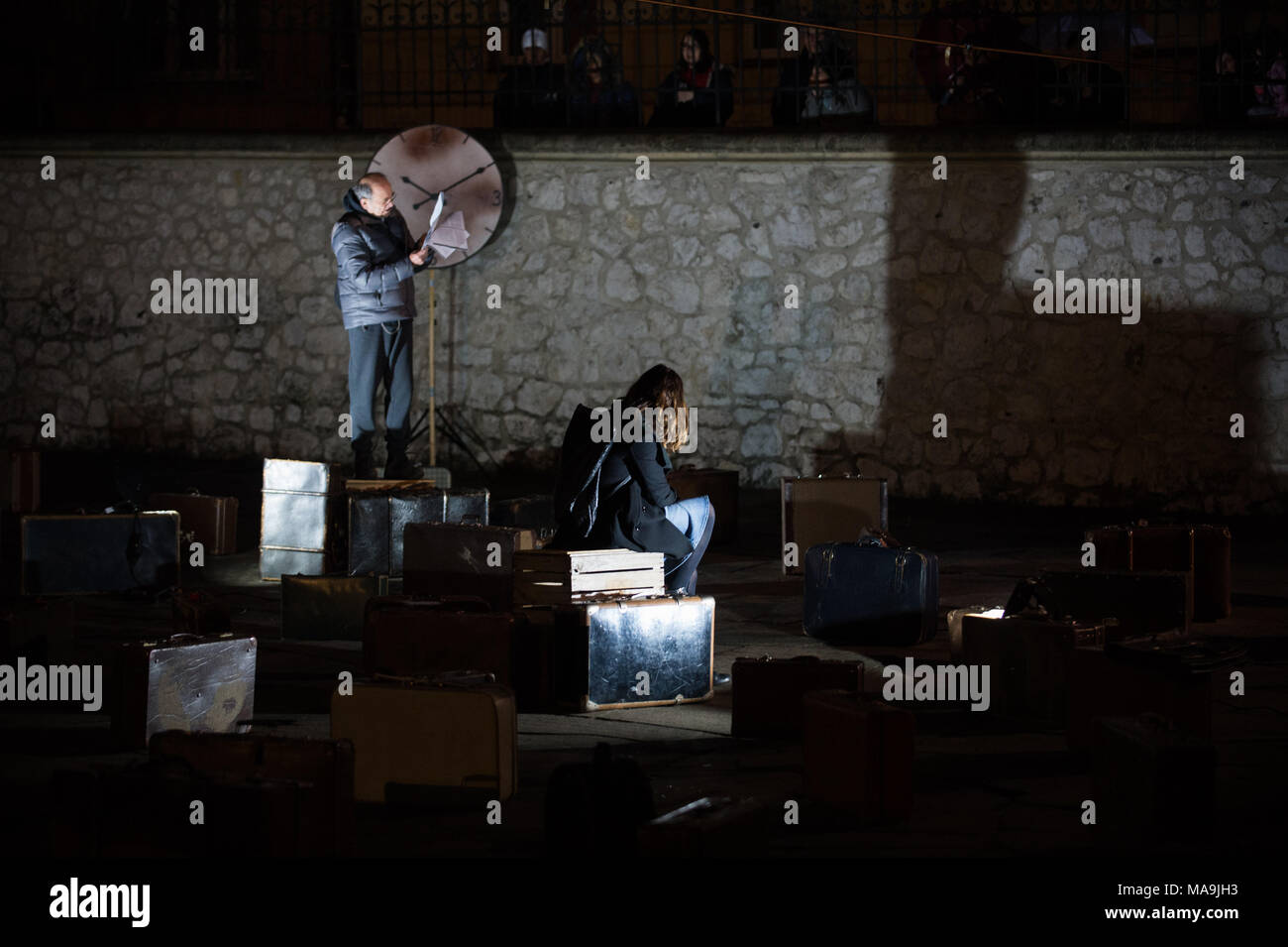 Krakow, Poland. 30th Mar, 2018. Polish actors seen during a performance against the raise of AntiSemitism in the Jewish quarter in Krakow. According to the organizers, the performance reminds the public of the dramatic events of March 1968 in Poland, when the Communist regime expeled thousands of Jews. The main task of the performance is to show the effects of anti-Semitic politics of nowadays, the realization that politicians have woken up cruel demons in the nation again - lack of tolerance, xenophobia, fear of strangers. Credit: Omar Marques/SOPA Images/ZUMA Wire/Alamy Live News Stock Photo