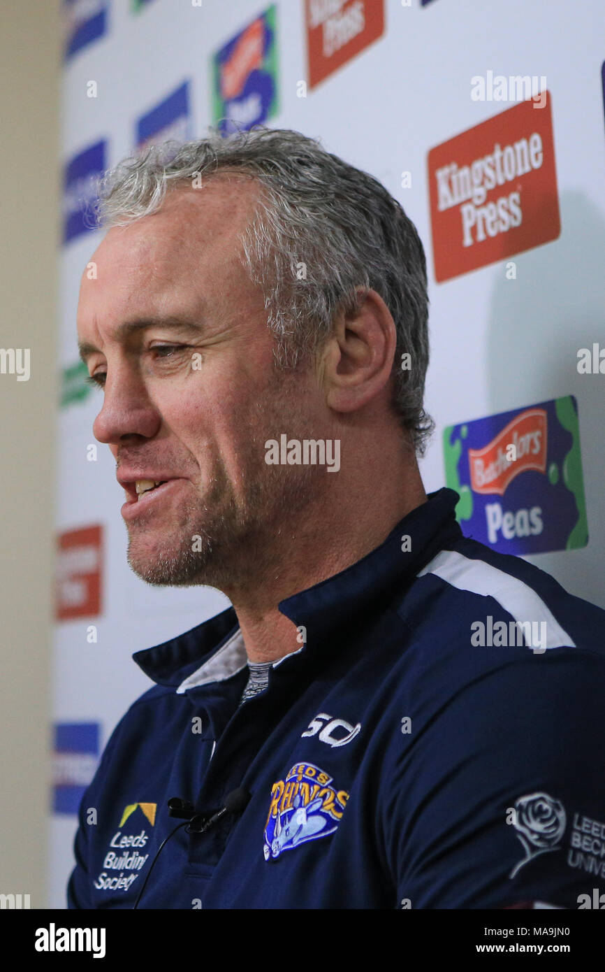 30th March 2018 , John Smiths Stadium, Huddersfield, England; Betfred Super League rugby, Round 8 Huddersfield Giants v Leeds Rhinos; Brian McDermott in the post game press conference Credit: News Images/Alamy Live News Stock Photo