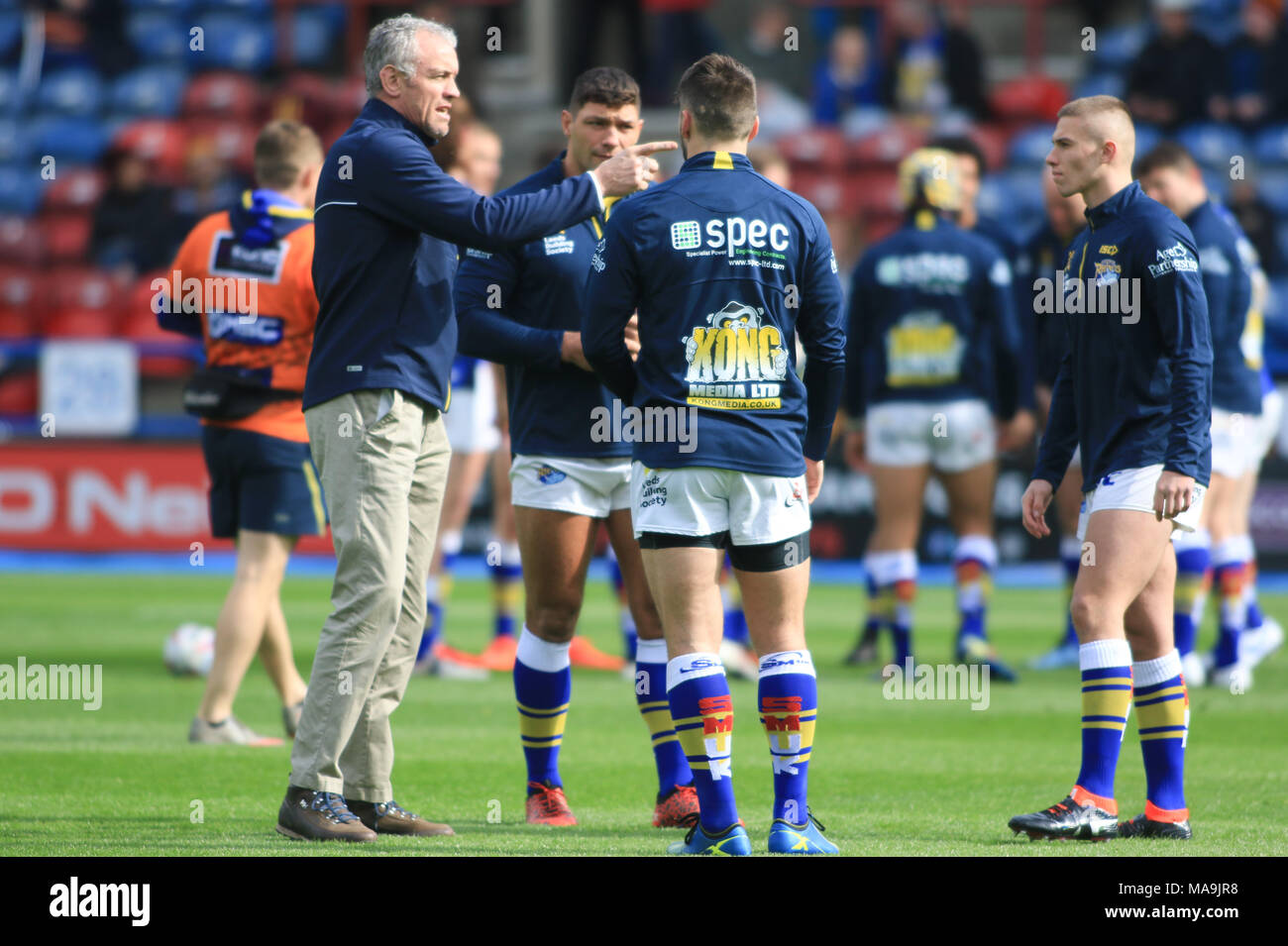 30th March 2018 , John Smiths Stadium, Huddersfield, England; Betfred Super League rugby, Round 8 Huddersfield Giants v Leeds Rhinos; Brian McDermott giving guidance before the kick off against Huddersfield Giants Credit: News Images/Alamy Live News Stock Photo