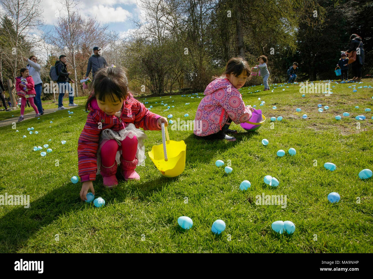 Vancouver, Canada. 30th Mar, 2018. Children pick up eggs during 10th