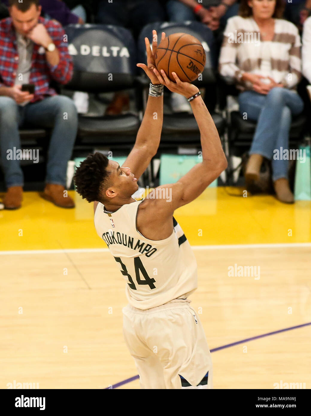 Los Angeles Ca Usa 30th Mar 2018 Milwaukee Bucks Forward Giannis Antetokounmpo 34 Shooting A Jump Shot During The Milwaukee Bucks Vs Los Angeles Lakers At Staples Center On March 30 2018