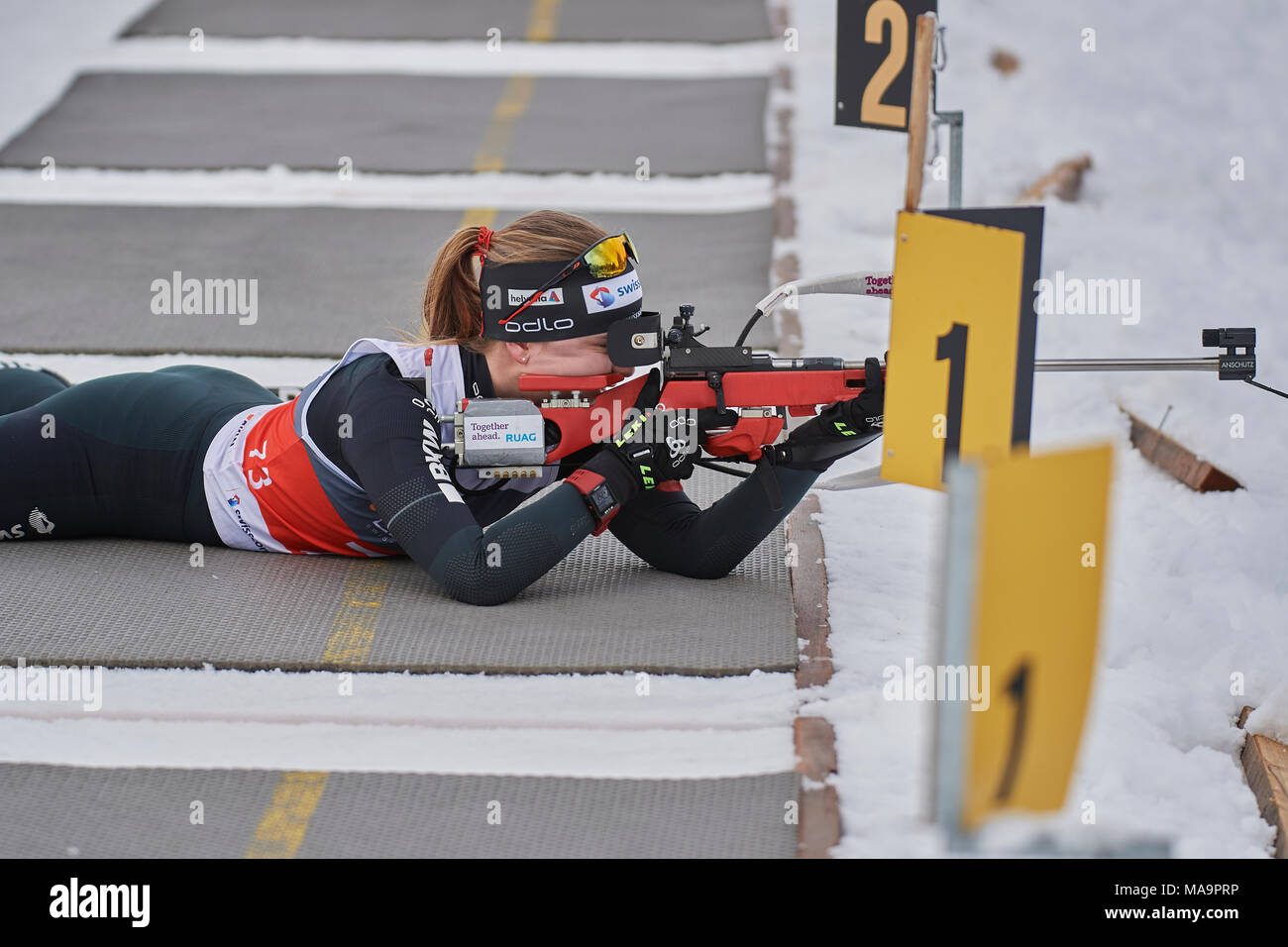 Lenzerheide, Switzerland, 31st March 2018. Elisa Perini during the Women's Sprint Competition at the Swiss National Biathlon Championships Stock Photo