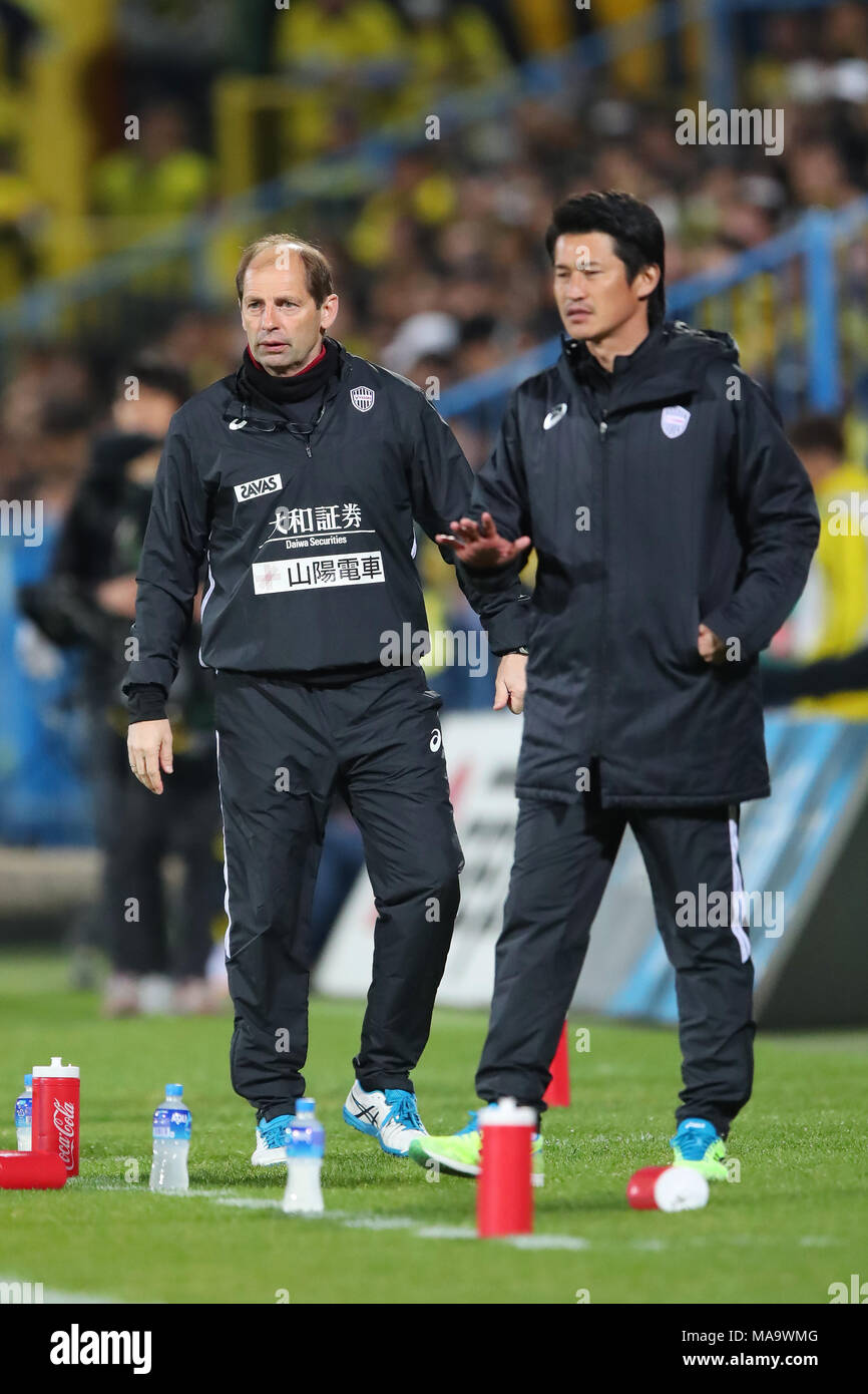 Sankyo Frontier Kashiwa Stadium Chiba Japan 30th Mar 18 L To R Gert Engels Takayuki Yoshida Vissel March 30 18 Football Soccer 18 J1 League Match Between Kashiwa Reysol 2 1 Vissel
