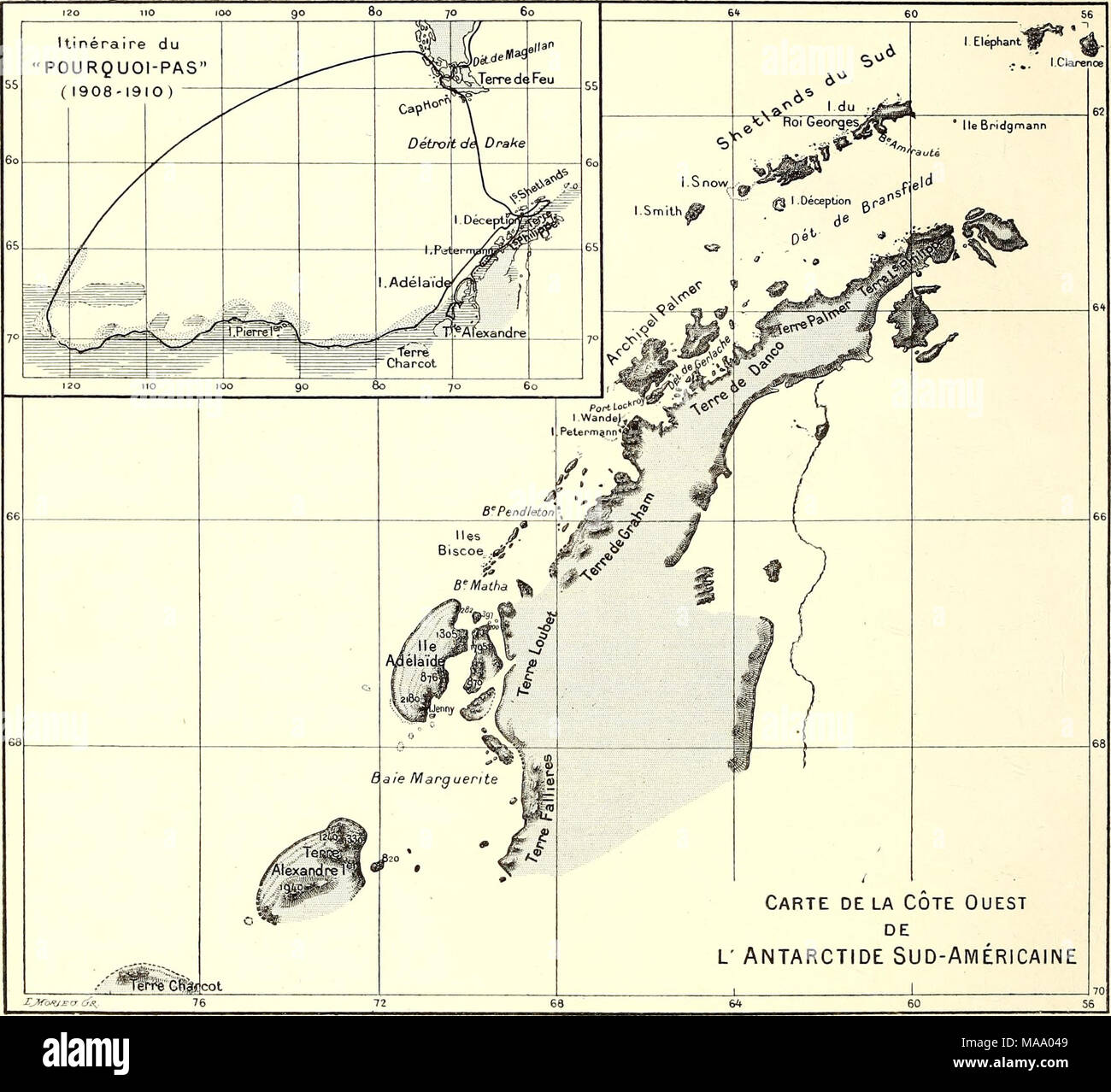 . Echinodermes (astéries, ophiures et échinides) . CARTE DES RÉGIONS PARCOURUES ET RELEVÉES PAR L'EXPÉDITION MEMBRES DE L'ETAT MAJOR DU &quot; POURQUOI-PAS ? &quot; J.-B. CHARCOT M. BONGRAIN Hydrographie, Sismographie, Gravitation terrestre. Observations astronomiques. L. Gain Zoologie (Spongiaira, Échi.-.oJermes. Arthropodes. Oiseaux et leurs parasiles), Plankton, Botanique. R.-E. GODFROY Marées, Topographie côtière, Chimie de l'air. E. GOURDON ... .... Géologie, Glaciologie. J. LIOL'VILLE Médecine, Zoologie (Pinnipèdes Cétacés. Poissons, Mollusques. Cœlentérés Vermidiens. Vers et Protozoai Stock Photo