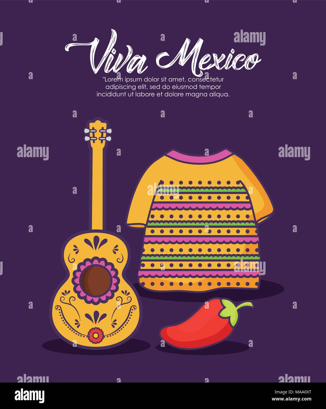 Viva mexico design with mexican poncho and guitar over purple ...