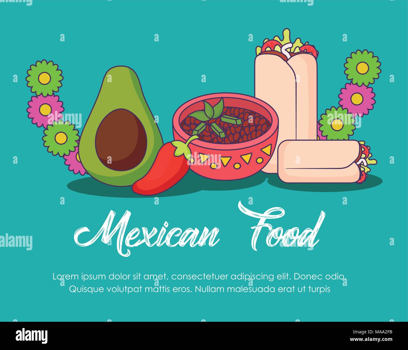 Infographic design of mexican food with related icons over turquoise ...