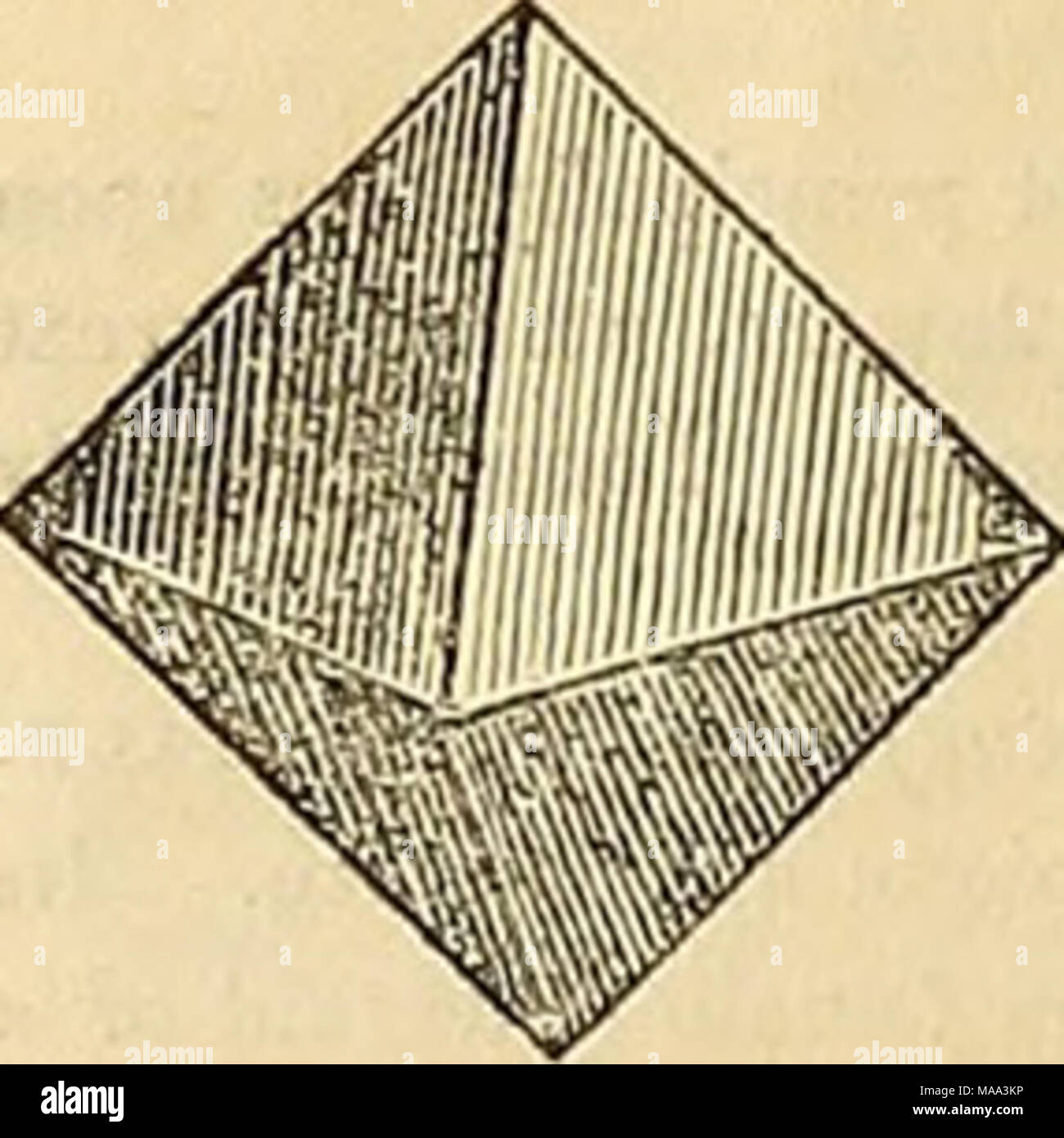 . Edinburgh journal of natural history and of the physical sciences . The Diasiond—This precious Stone, in its natural state, is of the form of an octahedron. This may be defined a double four-sided pyramid, in which the lateral planes of the one ai-e set on the lateral planes of the other, which will be better understood by the accompanying figure, being a regular octahedron, wherein the triangular faces are equilateral and equiangular, and, of course, the base of the two pvra- mids is a square. Diamonds are always found in detached crystals, and are more or less well shaped, as they are pure Stock Photo