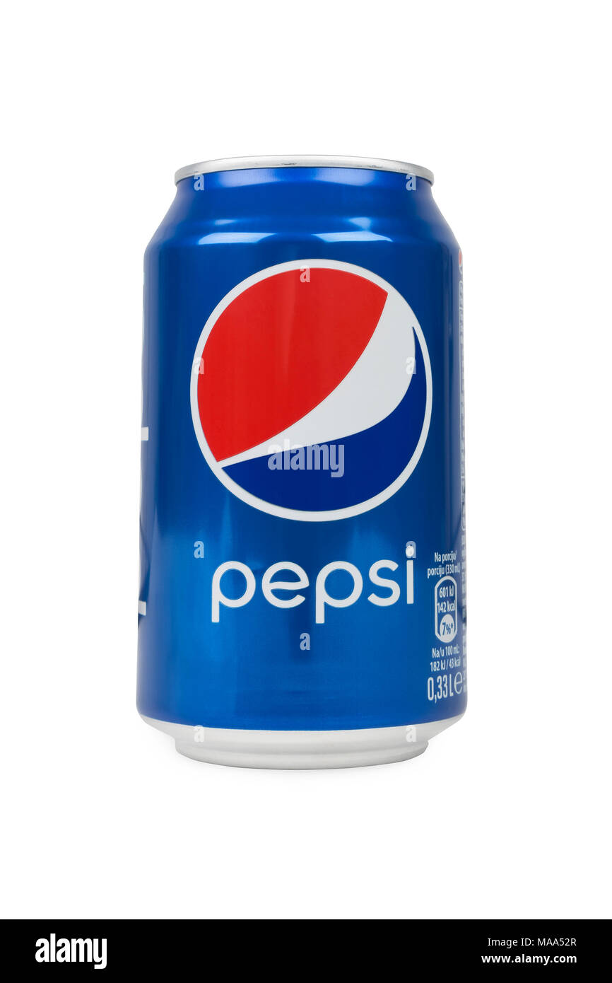 PULA, CROATIA - MARCH 8, 2018: Pepsi tin can 0.33 L isolated on white background. Pepsi is carbonated soft drink, produced and manufactured by PepsiCo Stock Photo