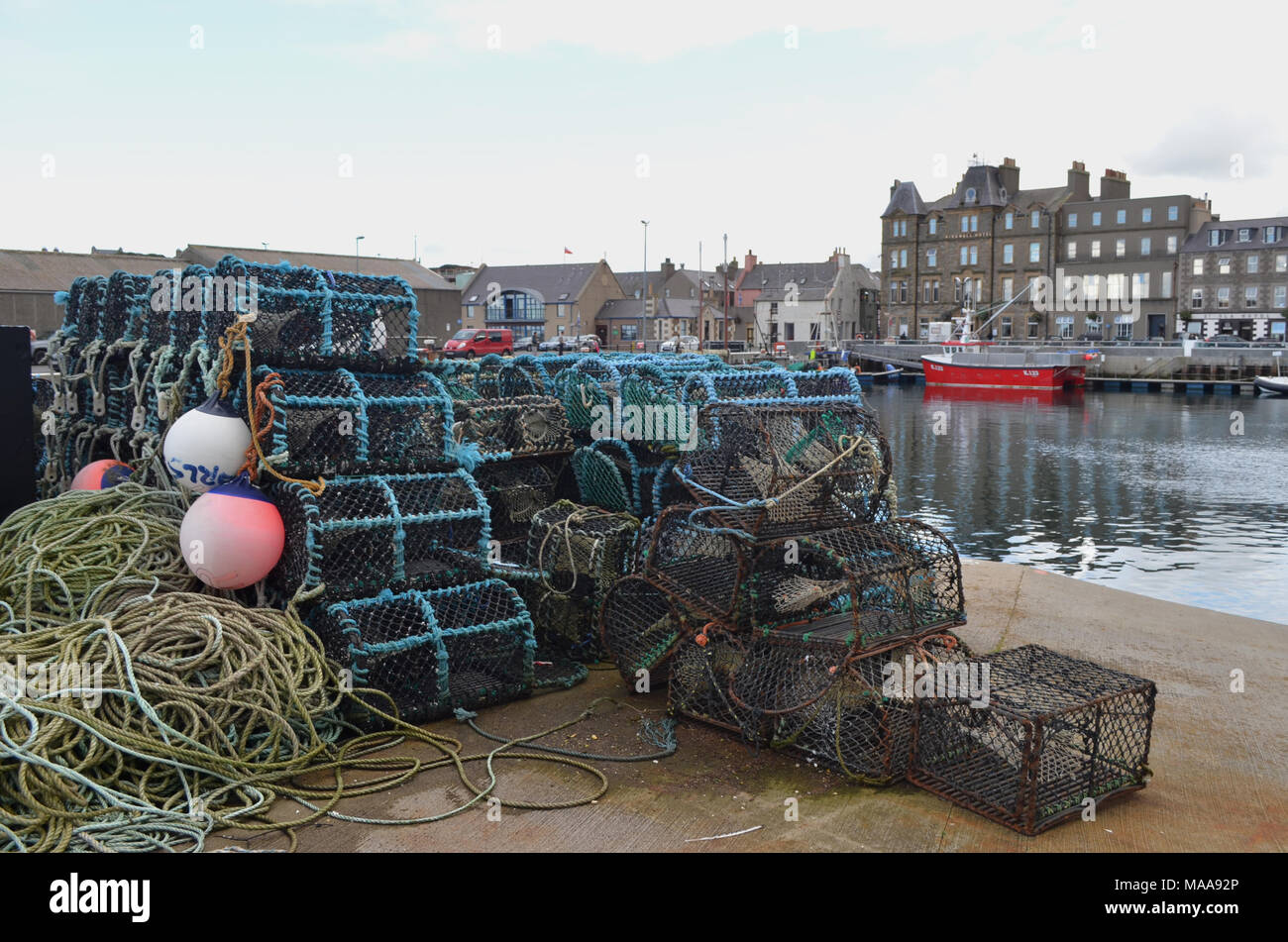 Crab creels in the fishing harbour of Kirkwall, capital of Orkney (Scotland) Stock Photo